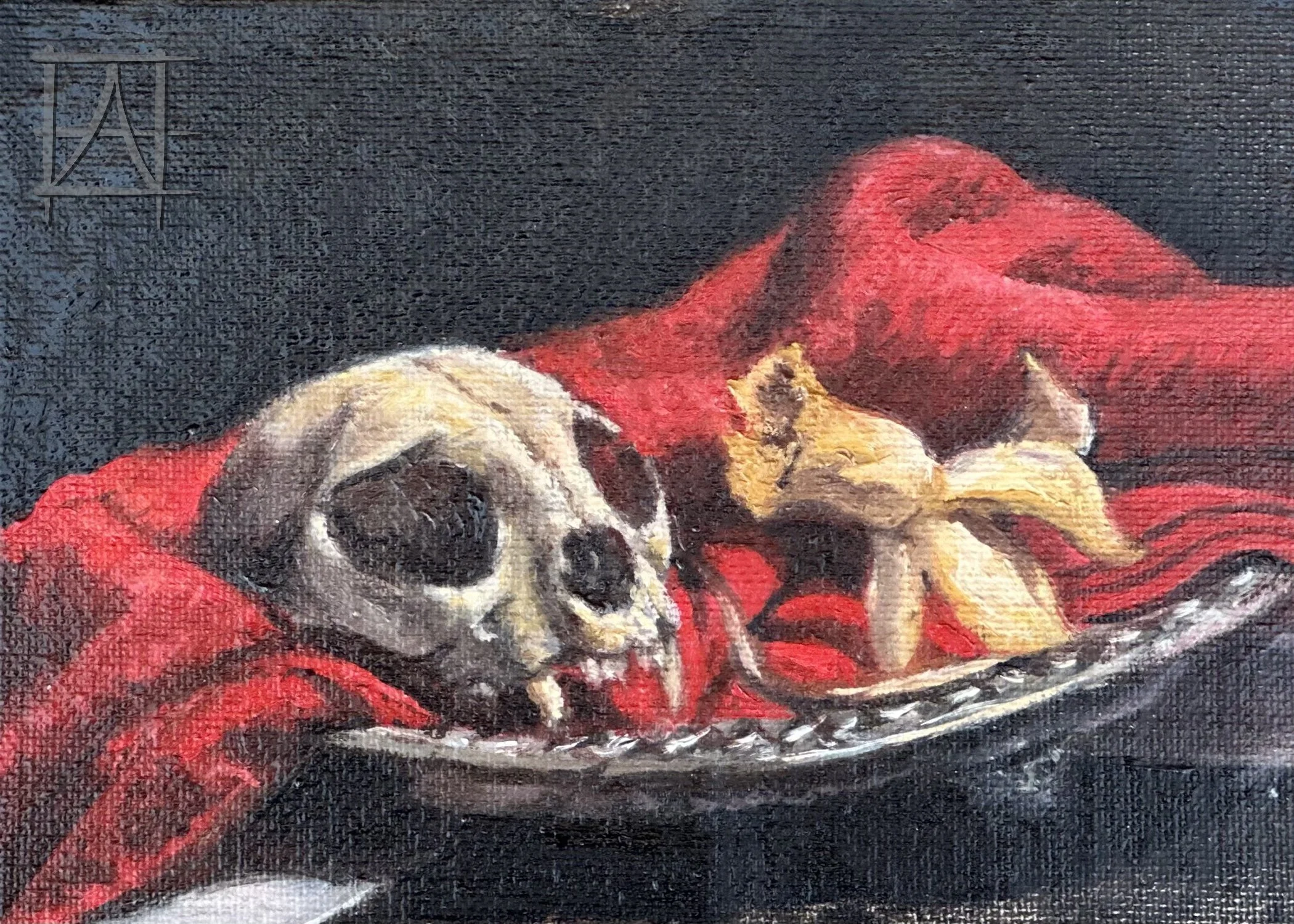 A painting of a human skull and a small animal skull on a silver tray, draped with a red cloth.