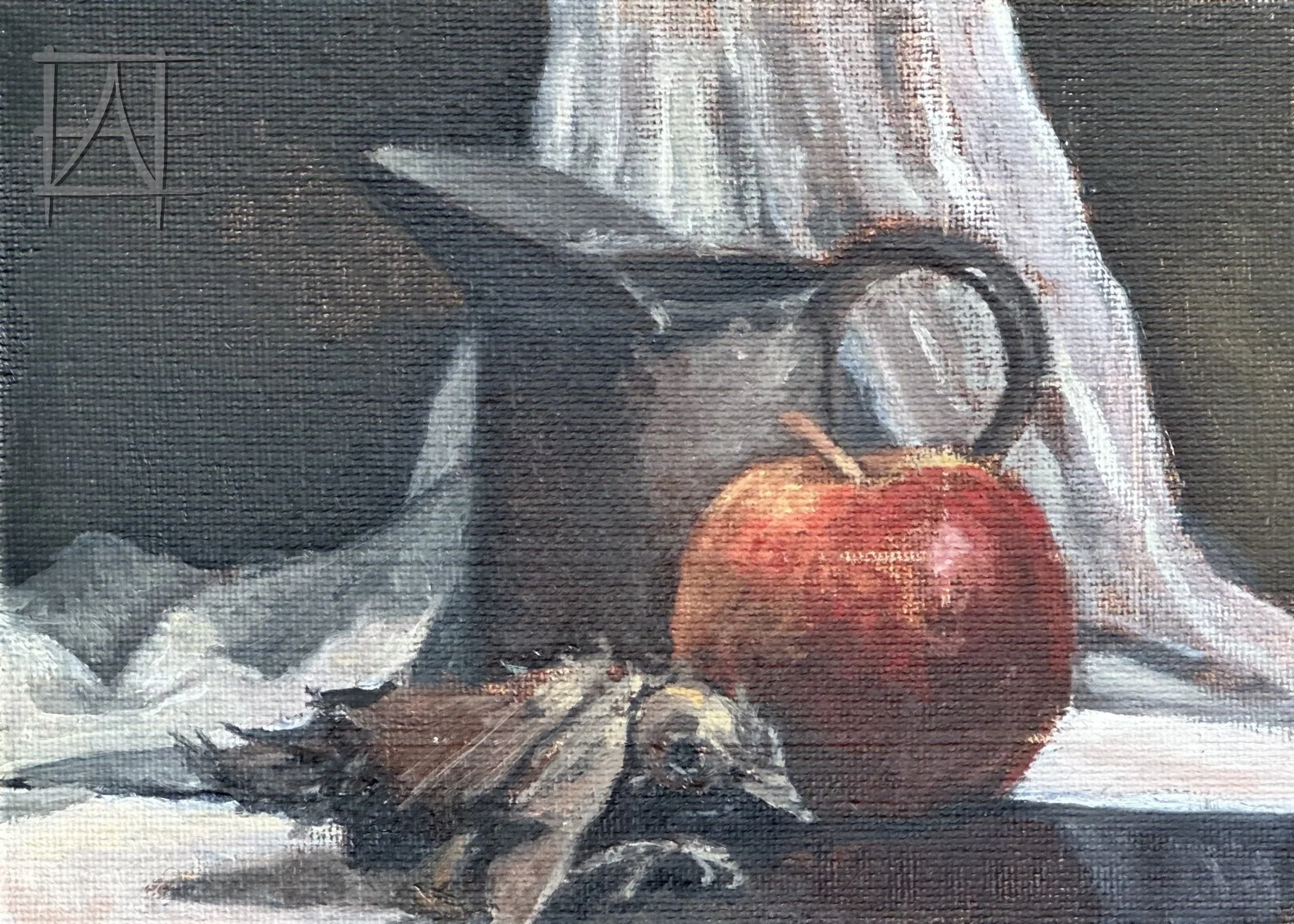 A still life painting featuring a red apple, a bunch of garlic, and a metallic mug, with a dark background and a white cloth draped behind them.