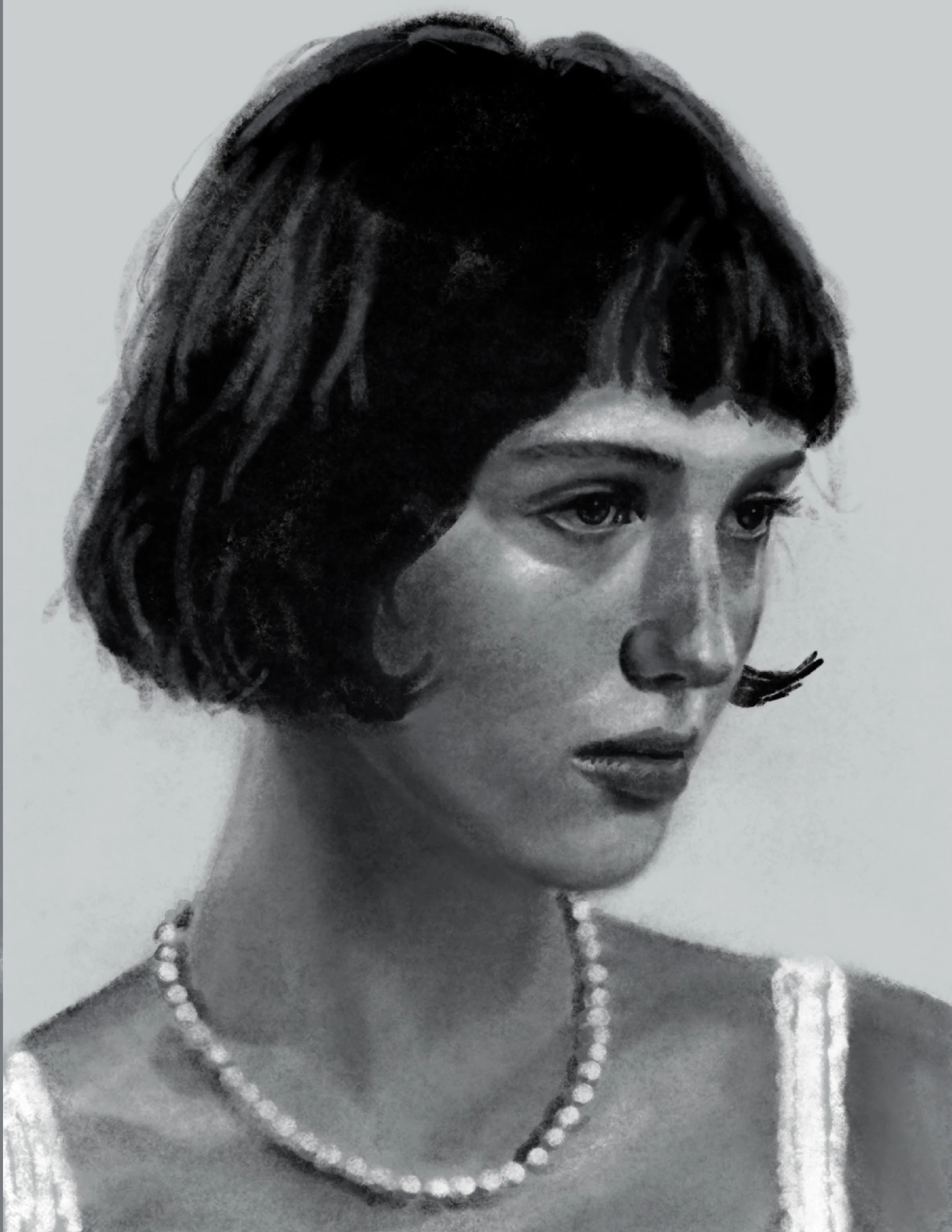 Black and white photograph of a woman with a short hairstyle, wearing a pearl necklace and earrings, with a serious expression.
