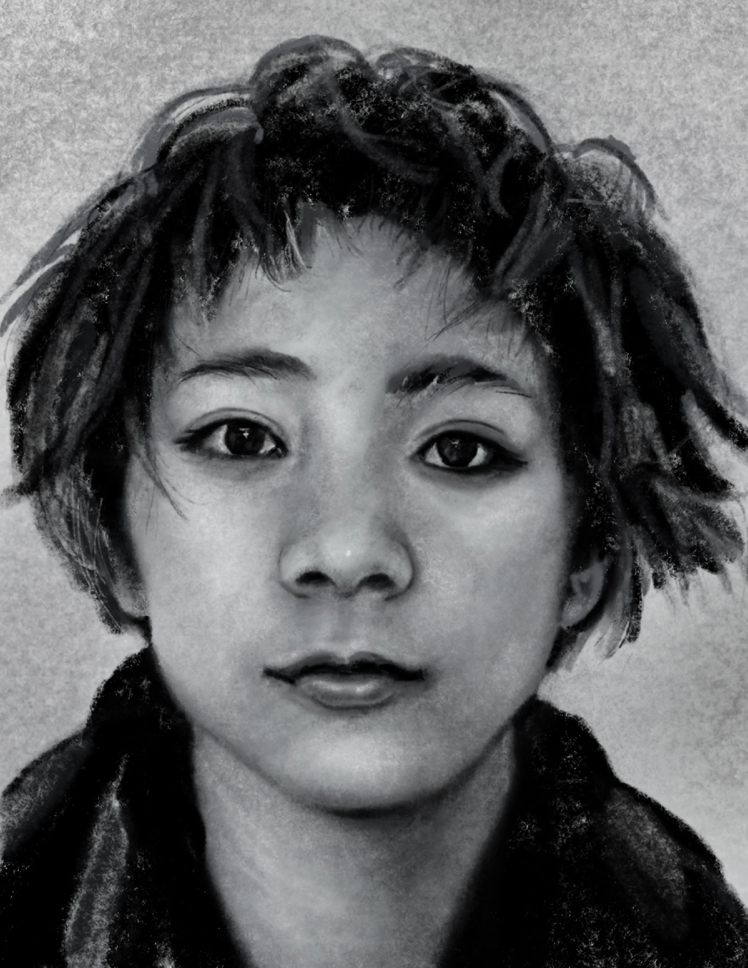 Black and white portrait of a young woman with short, wavy hair and expressive eyes.