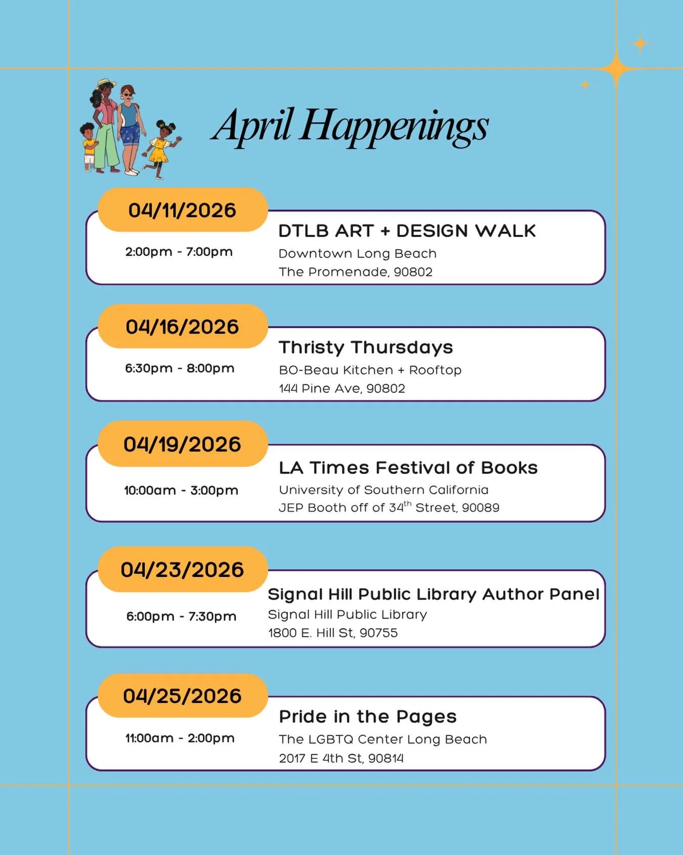 ✨April Events✨

I am honored to be invited to participate in the following events. 

4.11 DTLB Art + Design Walk from 2-7pm
Find me and other creatives out on the Promenade selling our latest creations. Lots of freebies to be found 💜

4.16 Thirsty T