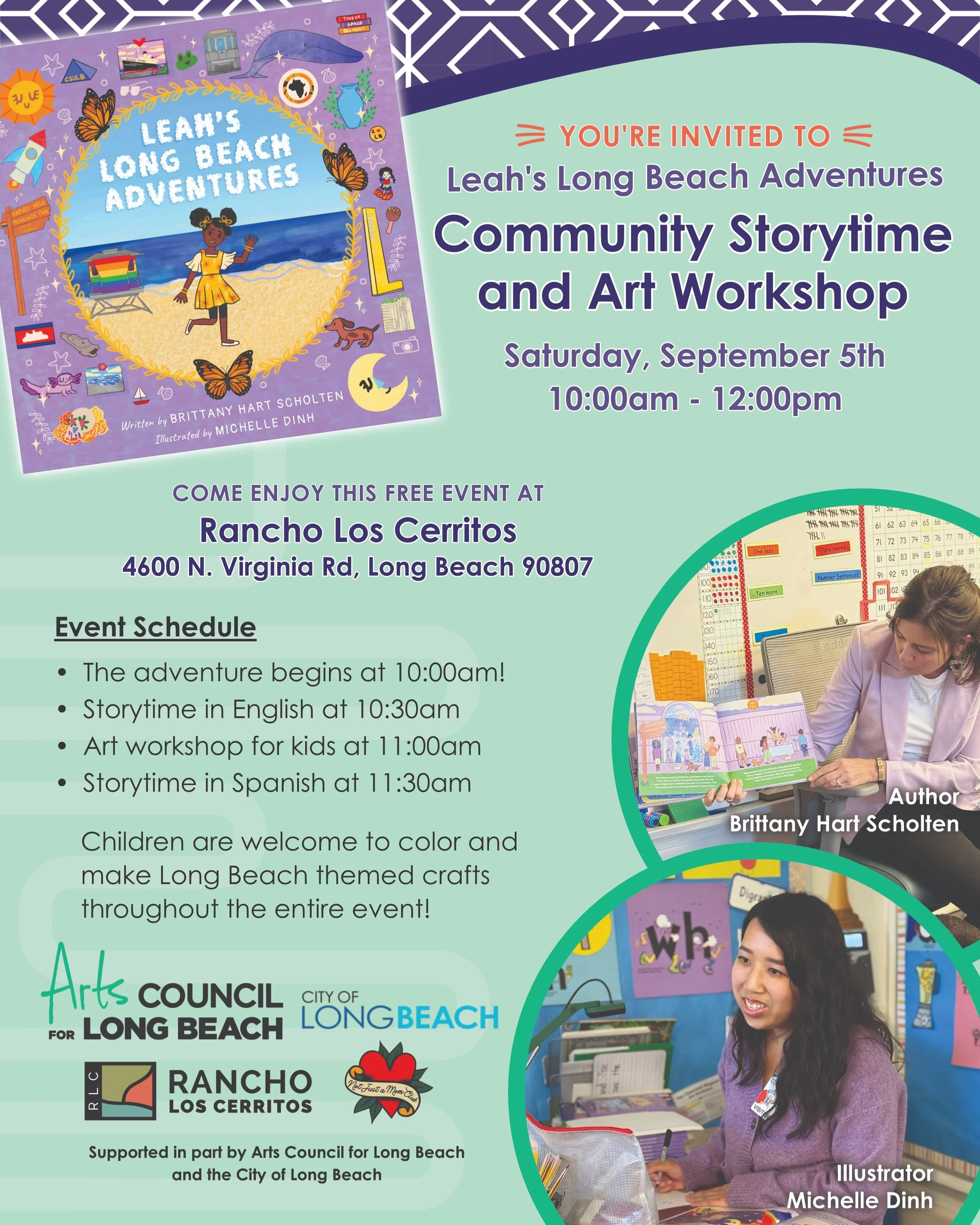 You're invited to a very special Community Storytime &amp; Art Workshop with Leah's Long Beach Adventures @rancholoscerritos 

Saturday, September 5th 
10:00 AM&ndash;12:00 PM
Rancho Los Cerritos
4600 N. Virginia Road, Long Beach 90807

Bring the kid