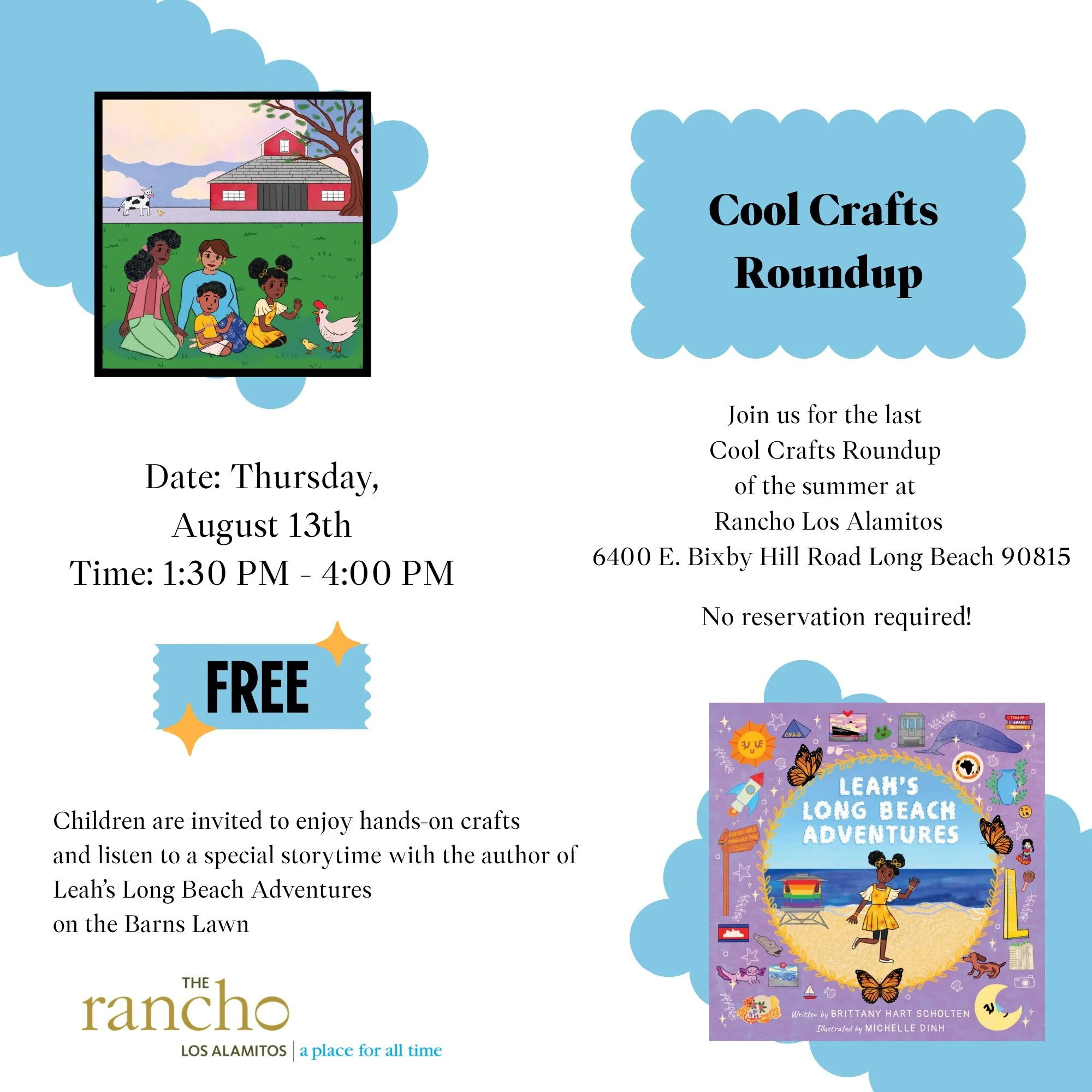 Come join me at Cool Crafts Roundup for a special storytime at Rancho Los Alamitos on Thursday, August 13th from 1:30 pm - 4:00 pm @rancho_los_alamitos 

This free event will entail a few readings of Leah's Long Beach Adventures&mdash;a children's bo