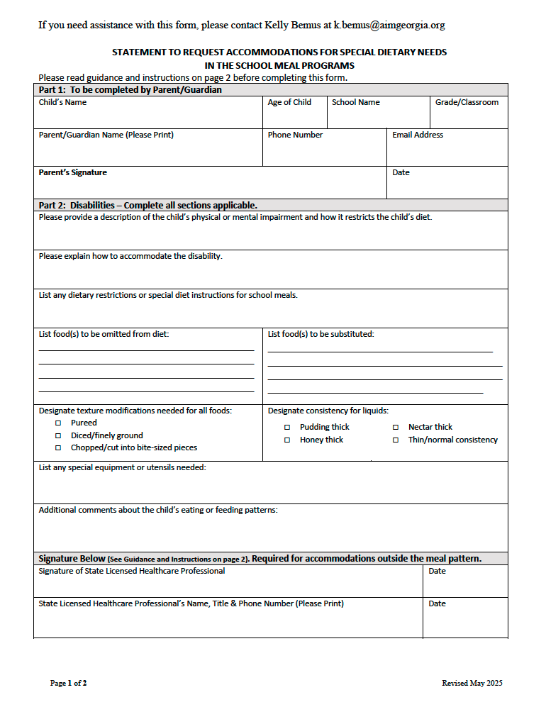 AIM Meal Accommodations Request Form