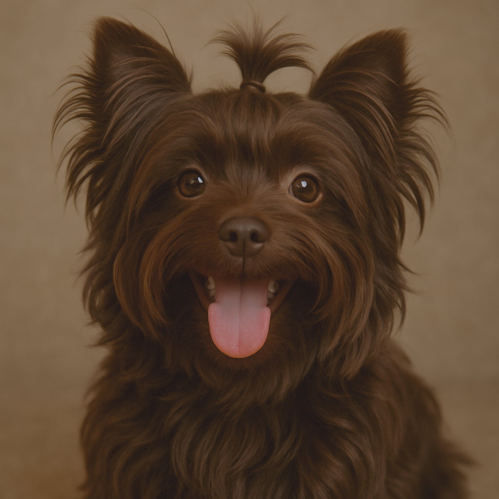 A close-up of a happy, brown, furry dog with its tongue out and ears perked up, looking at the camera.
