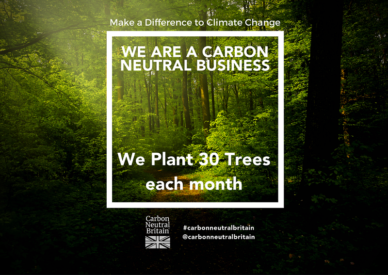 A forest scene with tall trees and green foliage, overlaid with white text promoting carbon neutrality and planting 30 trees each month.