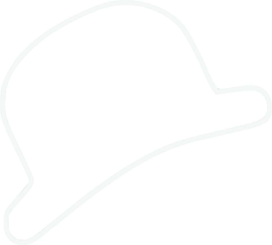 Silhouette of a bowler hat with a curved brim, outlined in white against a black background.