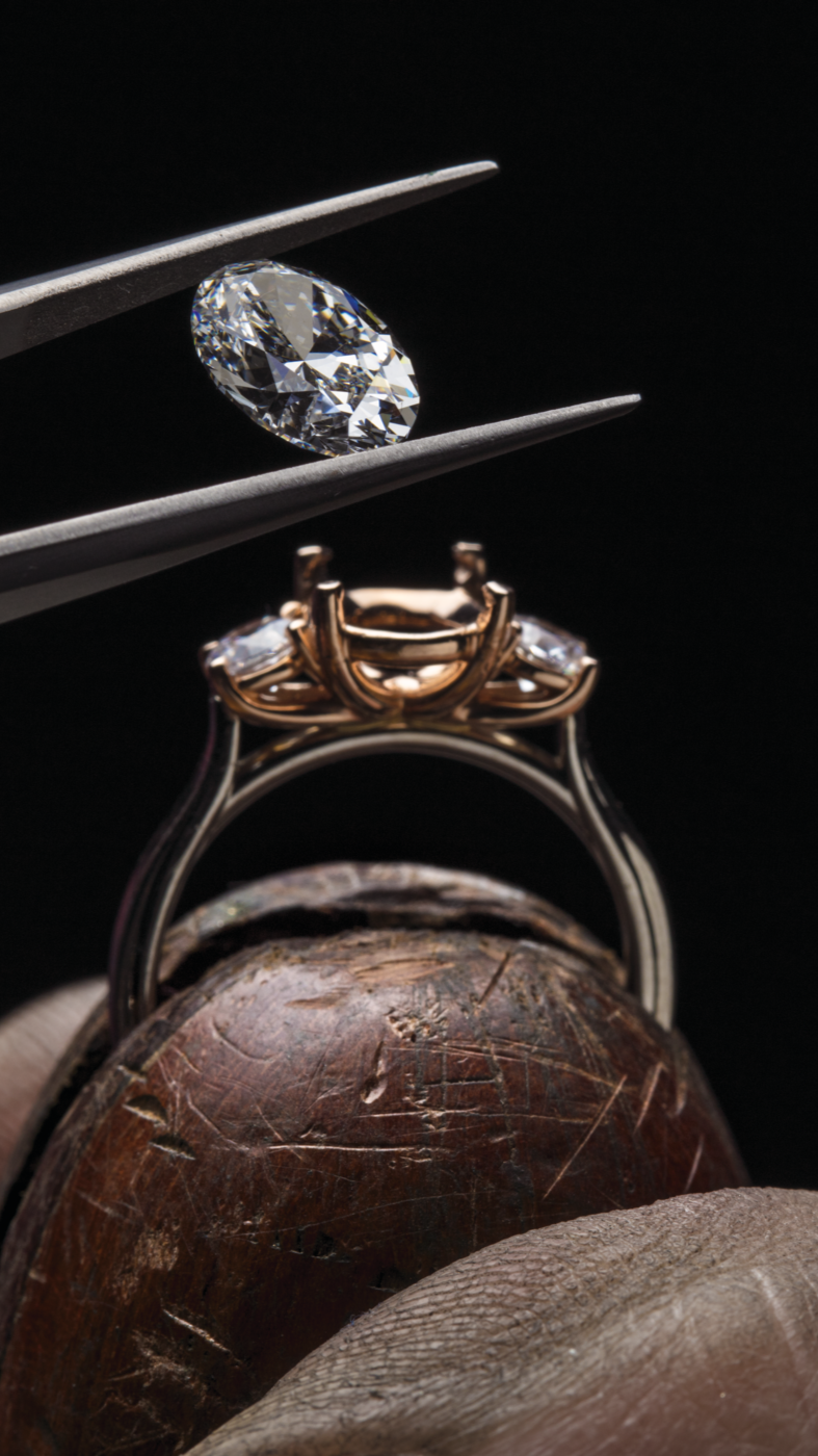 A large oval diamond being held in tweezers above a yellow gold ring.