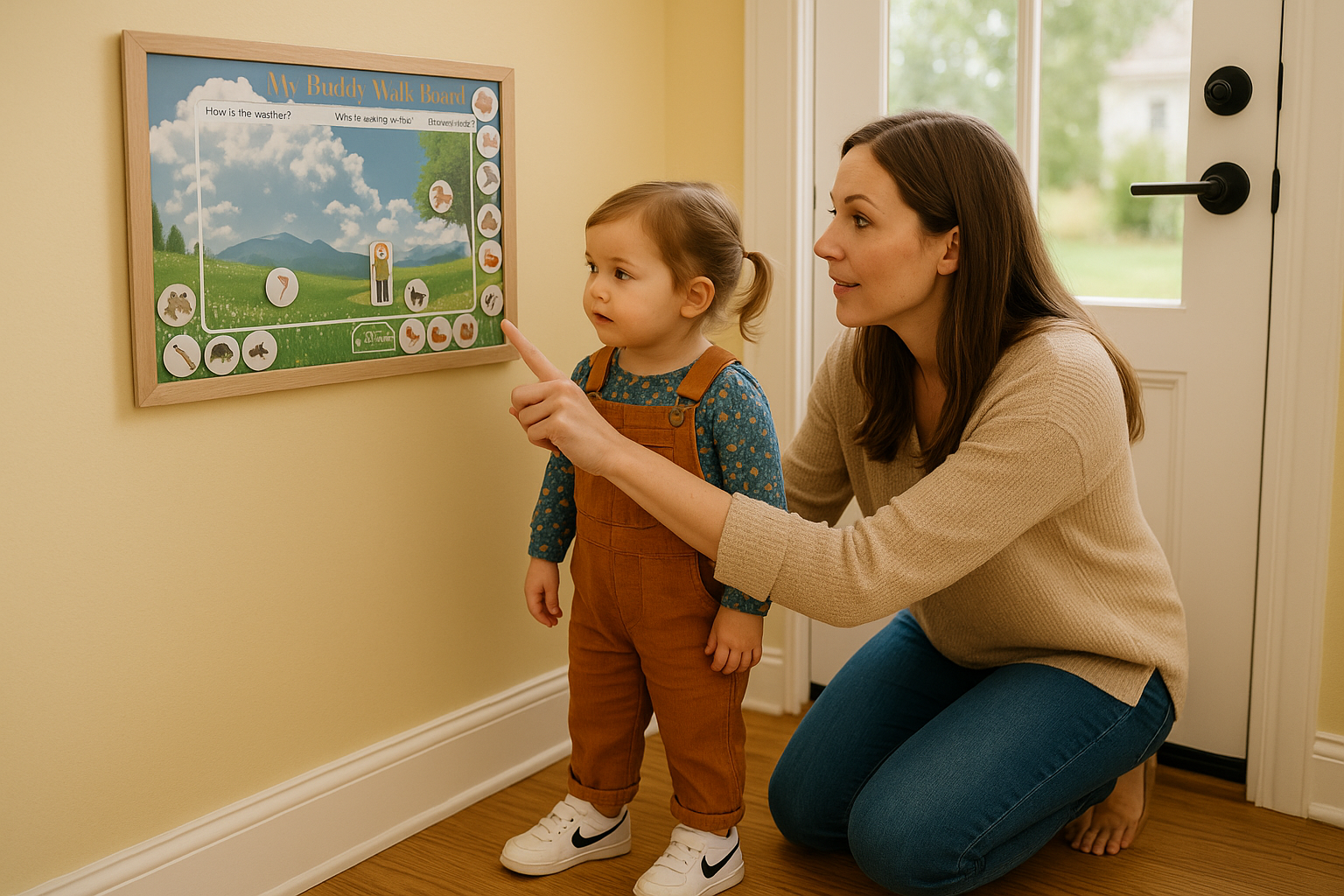 A woman kneels beside a young girl pointing at a weather-related educational board on a yellow wall, with a door and window in the background.