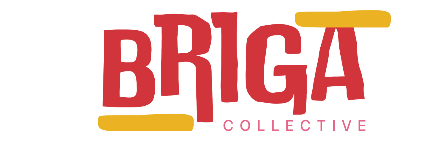 A logo with the words 'BRIGA' in large red letters, yellow accents above and below, and 'COLLECTIVE' in smaller pink letters underneath.
