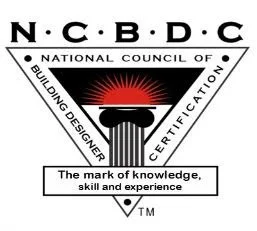 Logo of the National Council of Building Design Certification featuring a black triangle with a red sunburst, a column, and text reading 'The mark of knowledge, skill and experience.  AIBD