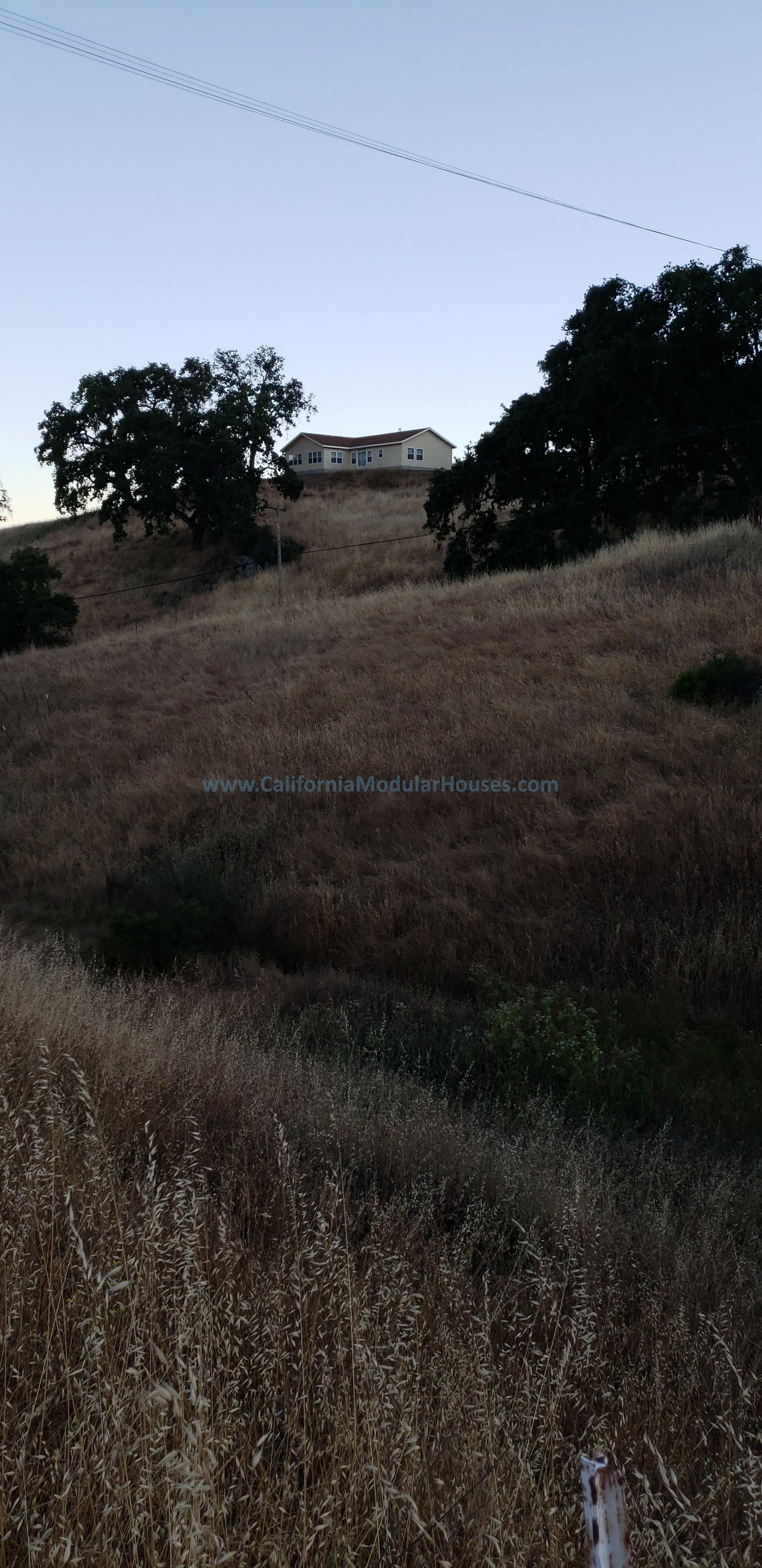 Hilly landscape with dry grass, two large trees, and a house on top of the hill against a light sky.  Santa Clara County Modular, Modular Homes California, Modular Homes in California,