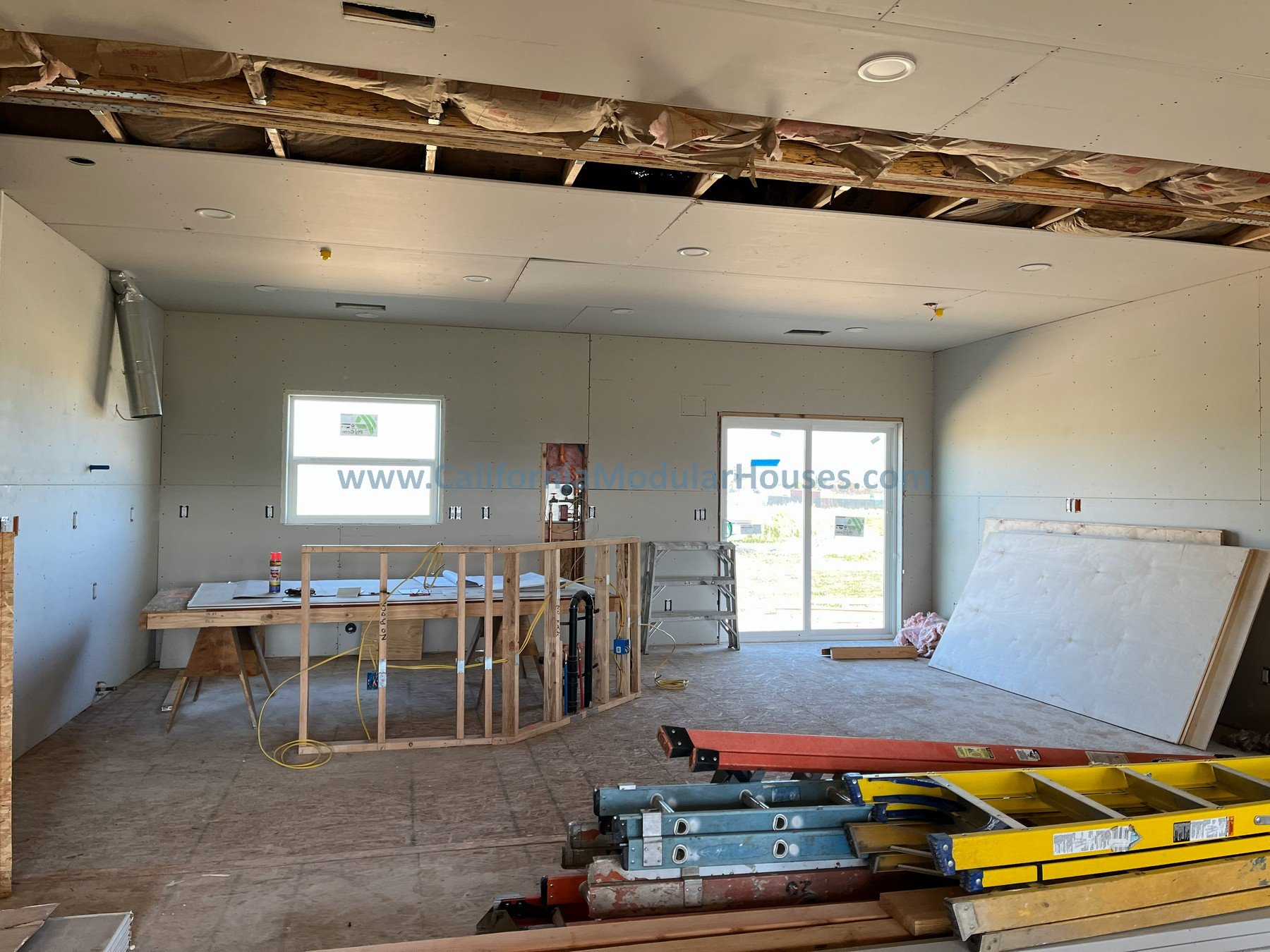 Great room.  Factory Built Home progress picture for San Juan Bautista, CA.  California Modular.  Prefab modular.  Modular Home CA.  California Modular Houses, Inc.