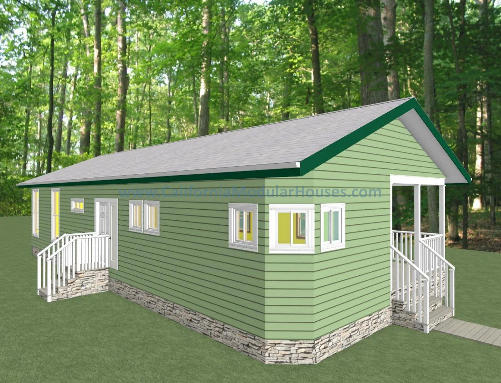 A digital rendering of a small, green house with a gable roof, white window frames, and small porches at the front and side, set on grassy ground in a wooded area.