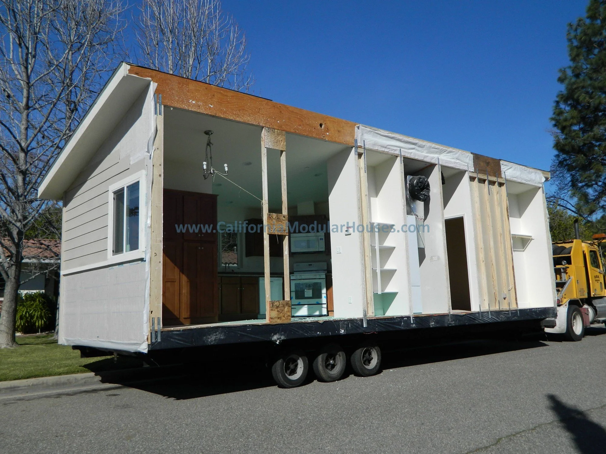 This is an mother-in-law unit that is to be an ADU for the rear of a house in California.  The home has completed the building process in the factory and is ready to be shipped to the job-site.  