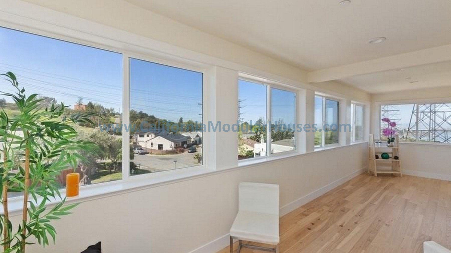 Sunlit room with large windows, hardwood floors, potted plants, and minimal furniture.