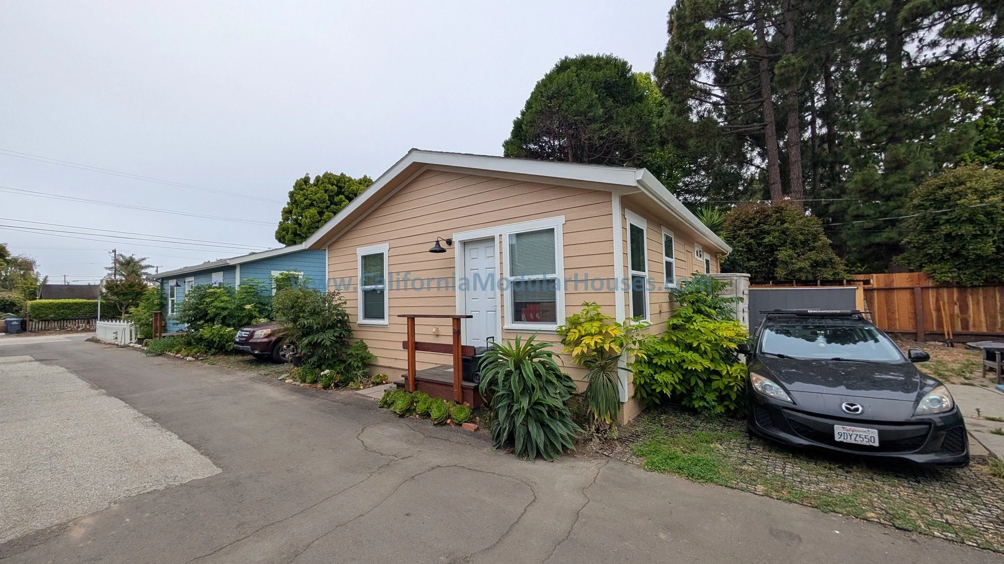 A beige single-story house with mounting bushes and a small porch, parked black Mazda car, and neighboring houses in the background.