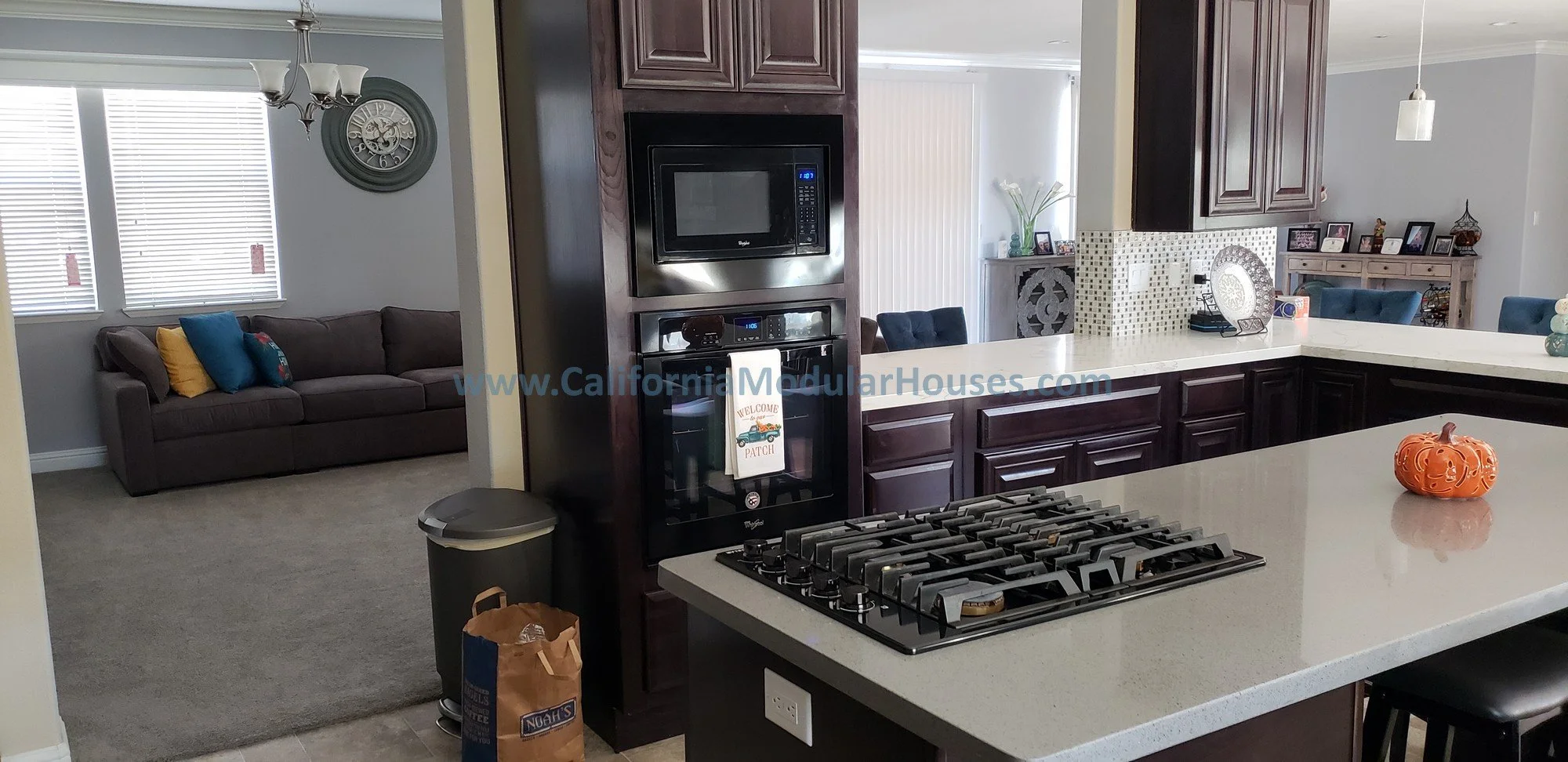 Open-concept kitchen and living room with dark wood cabinetry, white countertop, gas stove, pumpkin decoration, and a sofa with colorful pillows.   Prefab Modular Home Contra Costa County.  South Bay Modular Homes.