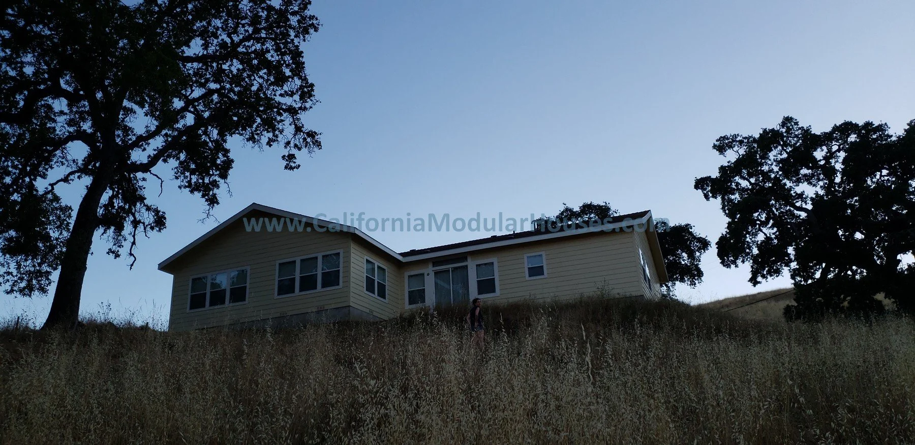 A house on a hillside with trees around, viewed in silhouette against a blue sky, with a person walking in the grassy foreground. Bay Area Prefab Modular Home, Pre-Fabricated Homes.