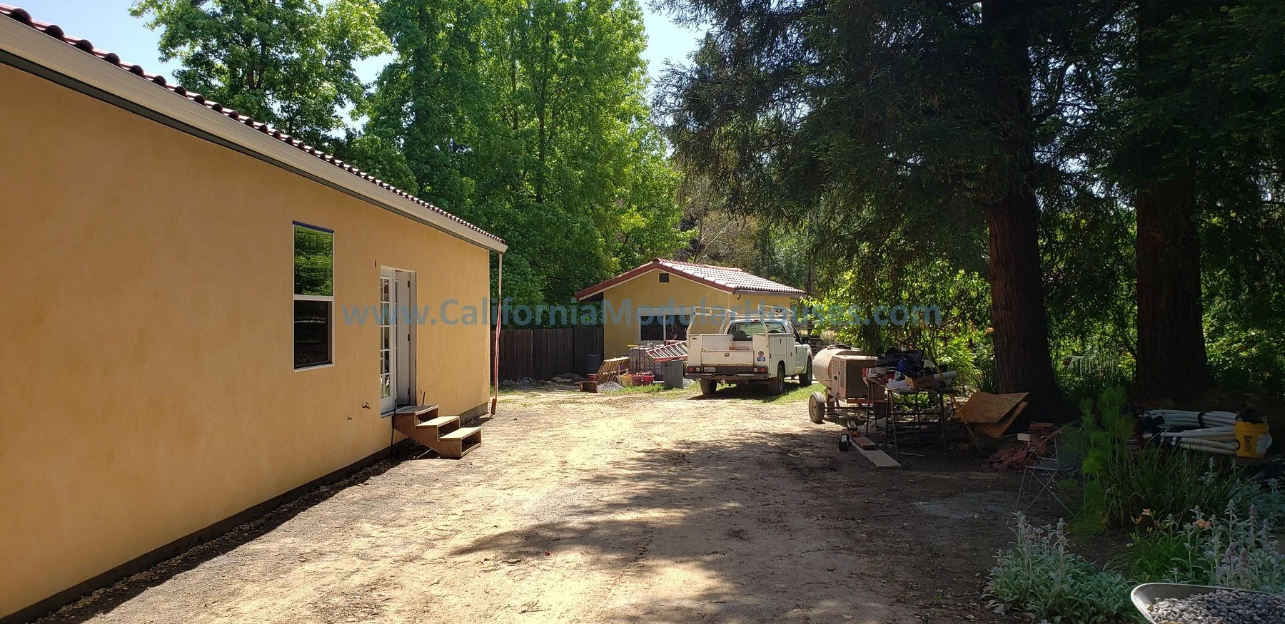Stucco and tile roof completed on-site for this prefab Accessory Dwelling Unit completed in Healdsburg, Sonoma County, CA.  ADU.  
