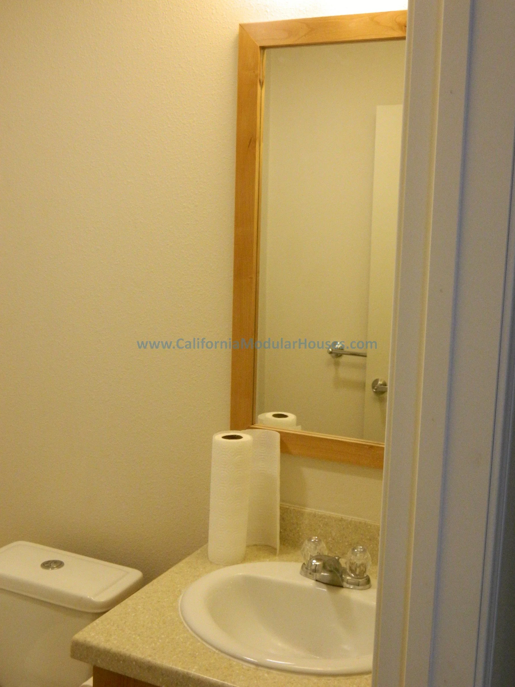 Bathroom vanity with a mirror, sink, countertop, and two rolls of toilet paper. The mirror reflects a door with a towel bar.