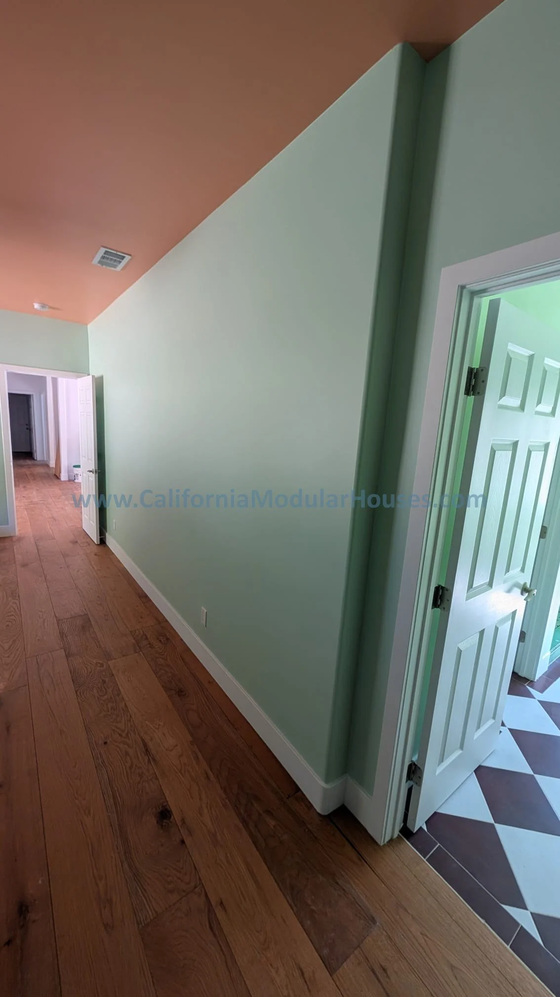 Interior view of a house hallway with green walls, wooden flooring, and white trim. A partially open door reveals a space with black and white tiled floor.