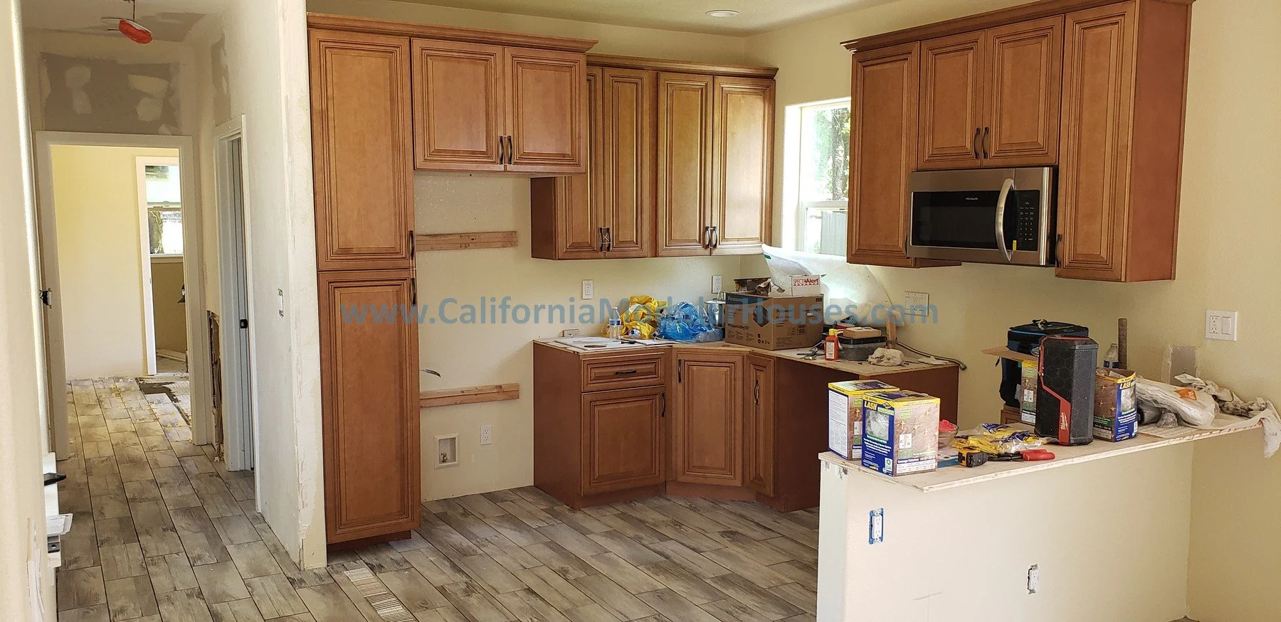Kitchen in completion.   Interior Modular Prefab ADU Photograph Healdsburg, Sonoma County, CA. Backyard home.   Modular granny flat.  California.   