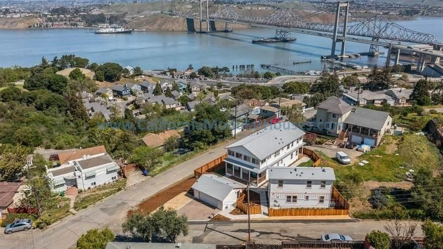 Aerial view of a 2 story modular home with an Accessory Dwelling Unit.  Contra Costa County, CA.  Prefab.   Image 3  San Francisco Bay area.  