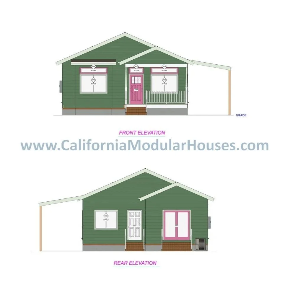 Elevation drawing of a single-story, prefab modular house. The front view shows a porch with stairs, and the rear view features a glass door and window. The house has a sloped roof and a website URL, CaliforniaModularHouses.com