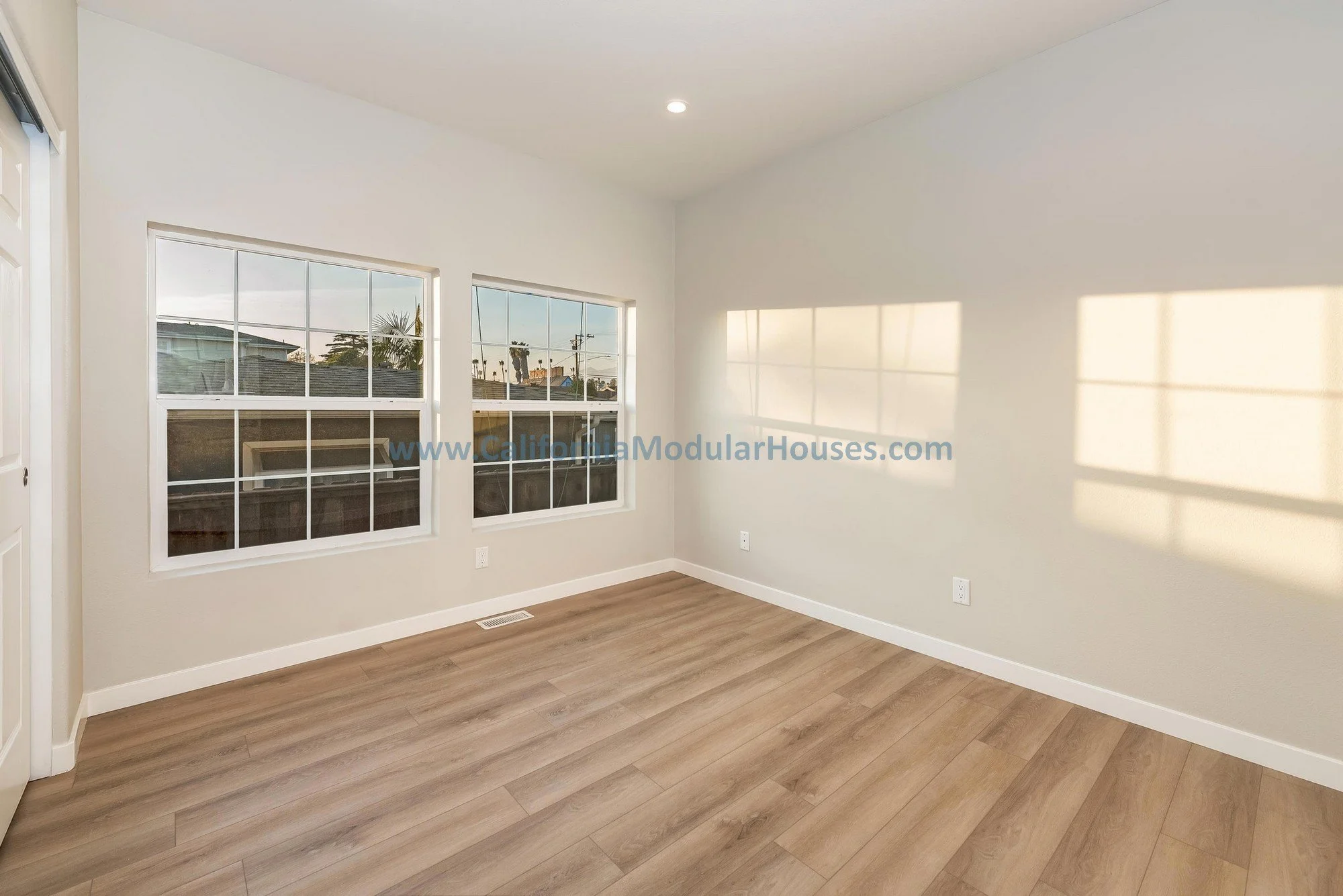 French oak floors of a prefab modular two-story home.