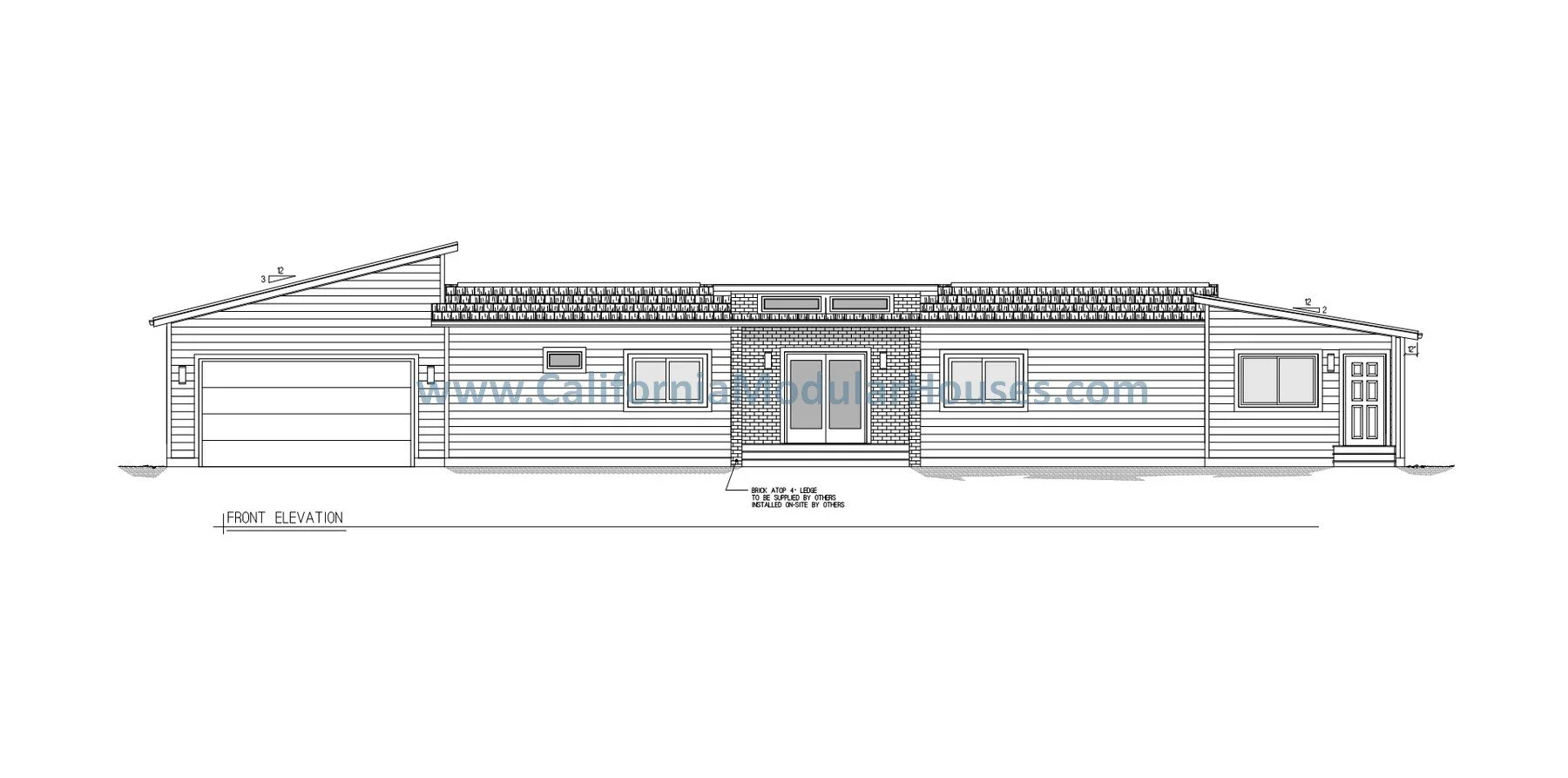 Architectural blueprint of a single-story house with a front elevation view, featuring a two-car garage on the left.  Modular Floor plans California, Prefab Modular California, Prefab Modular Home, Prefab Modular House CA.