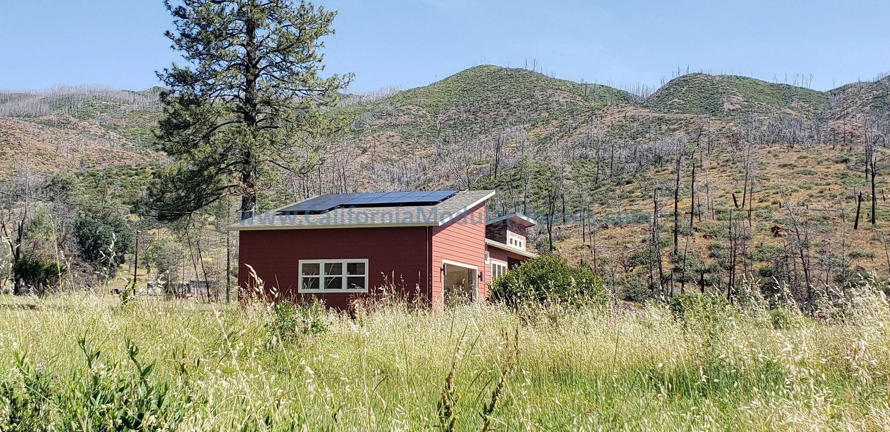 A red house with solar panels on the roof sits in a grassy field with tall yellow grass and wildflowers. In the background, there are burnt trees on a hillside under a clear blue sky. California Modular Home,  Modular Homes.
