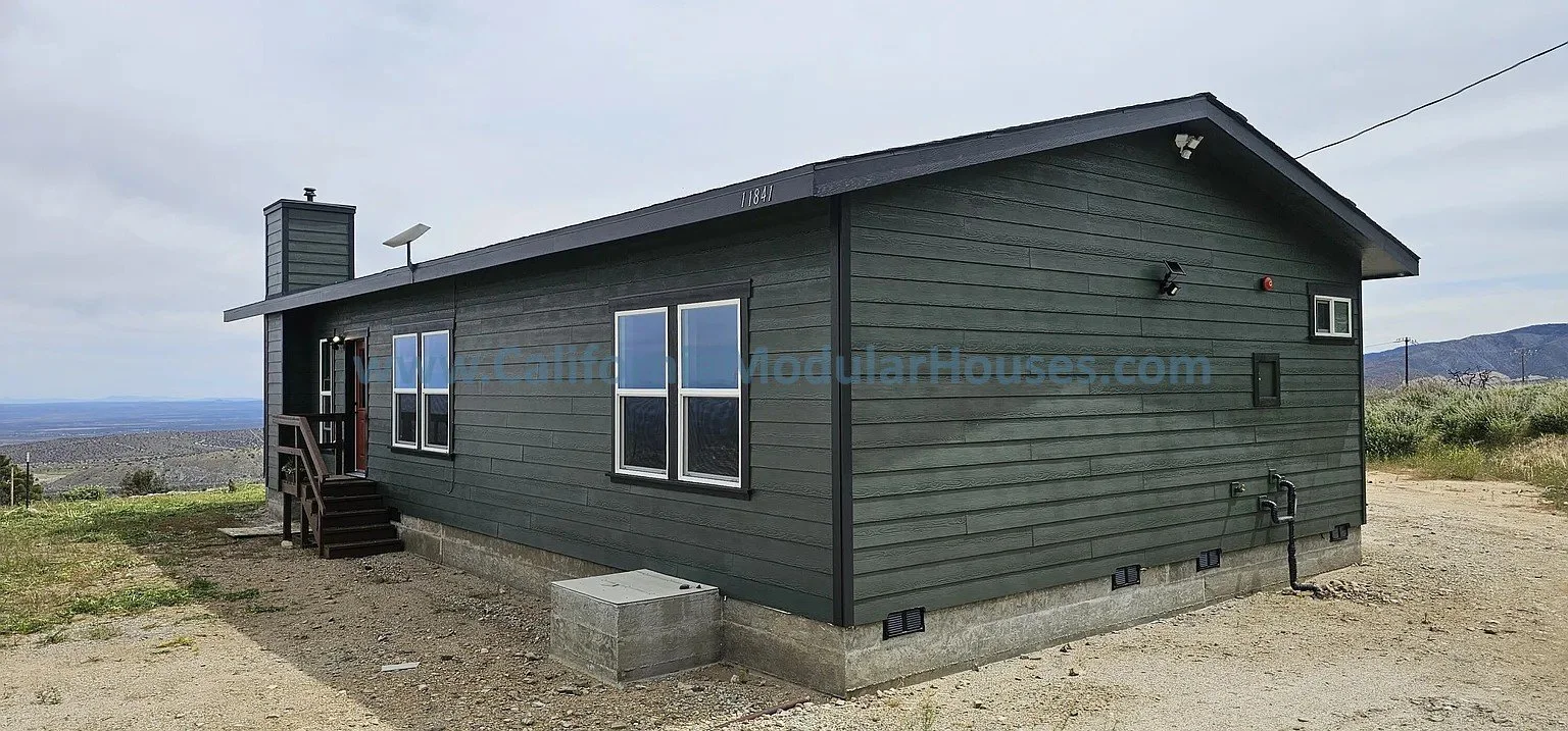 Dark green modular tiny house with small front steps, three windows, and a chimney, set on a dirt lot in a rural area.