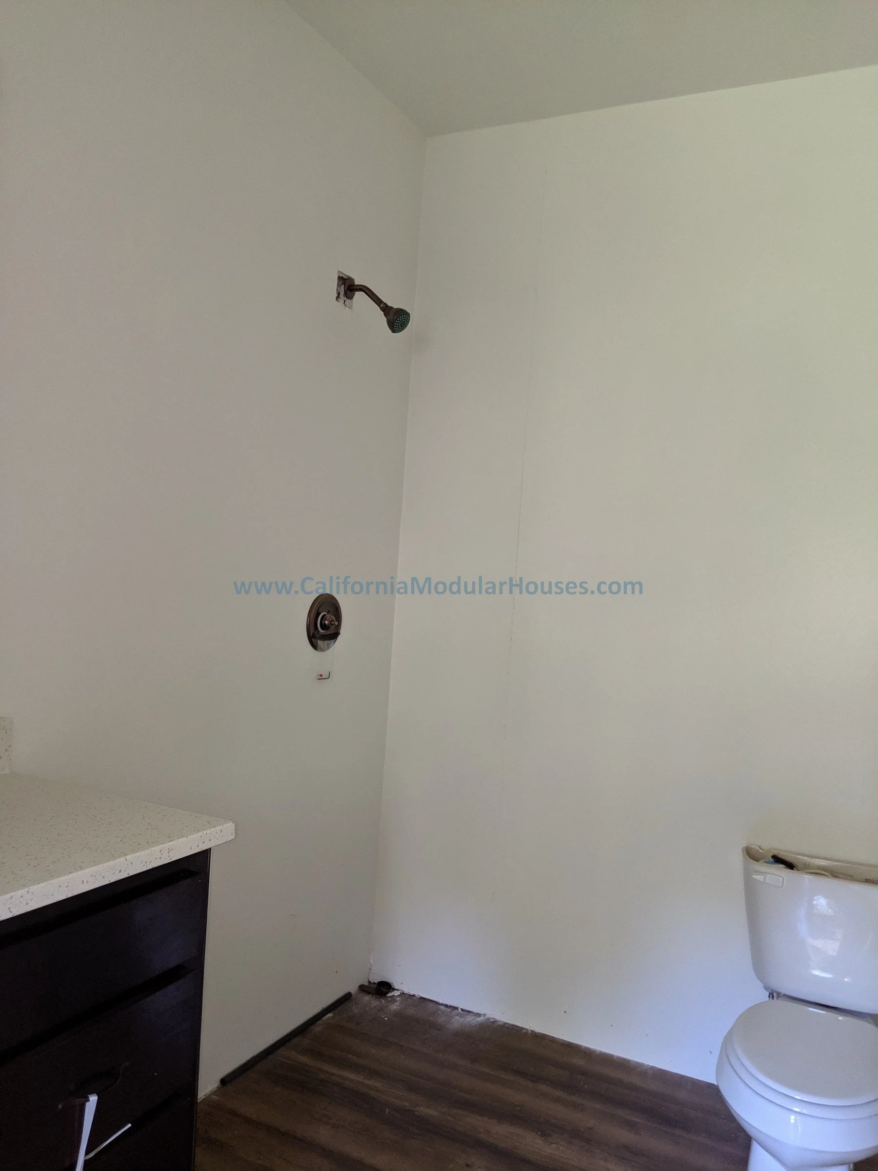 Empty bathroom with a toilet, dark wooden cabinet, wall-mounted showerhead, and no sink visible.  Modular Homes California, Modular Homes, California Modular Home, 