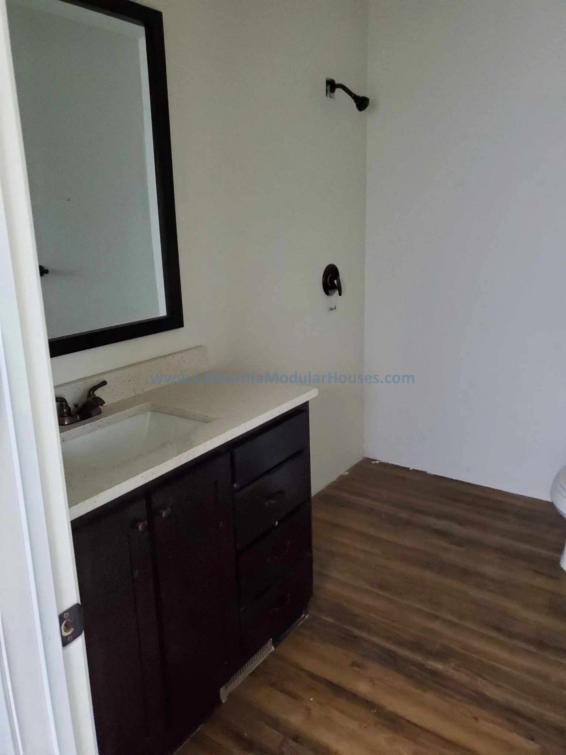 Empty bathroom with a dark wood vanity, a white countertop, a mirror, a wall-mounted faucet, and an uninstalled shower head and plumbing behind the vanity. The bathroom has white walls and wood-look flooring.  Modular home.  