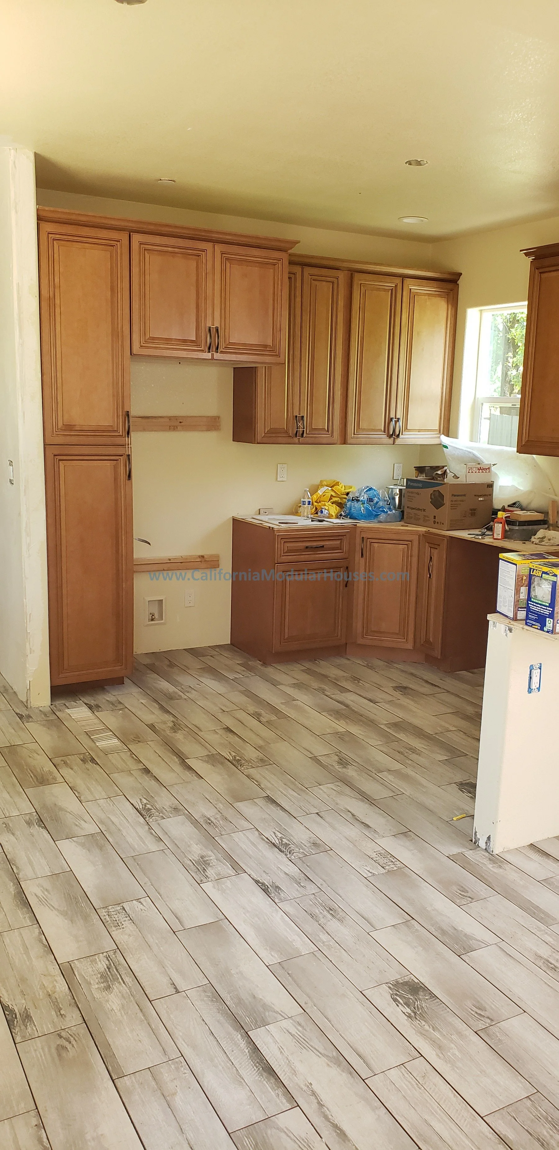 Interior kitchen Modular Prefab ADU Photograph.  Modular granny flat.  California.    Prefab Modular ADU  Accessory Dwelling Unit
