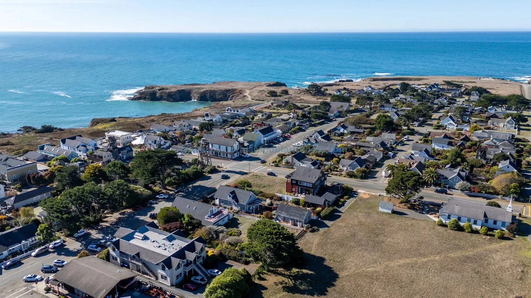 Aerial view of a coastal town with houses and greenery along the shoreline and the ocean in the background.