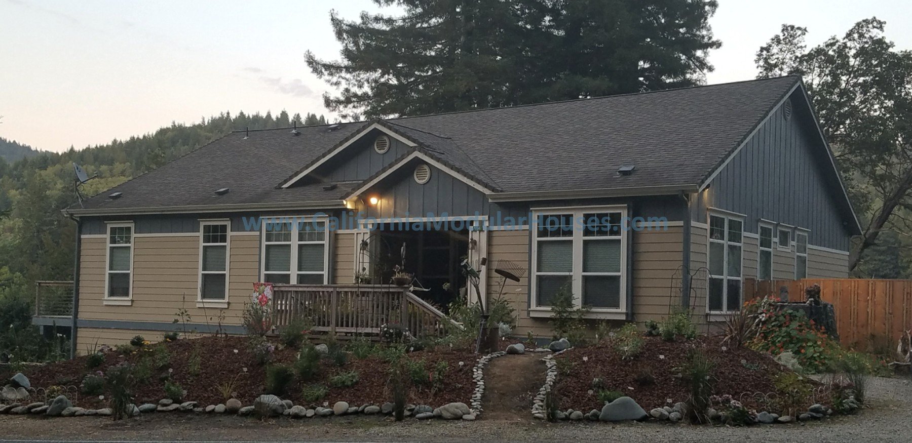 Prefab modular, rustic cabin style home built in Crescent City, Del Norte County, California. Blue and brown themed.
