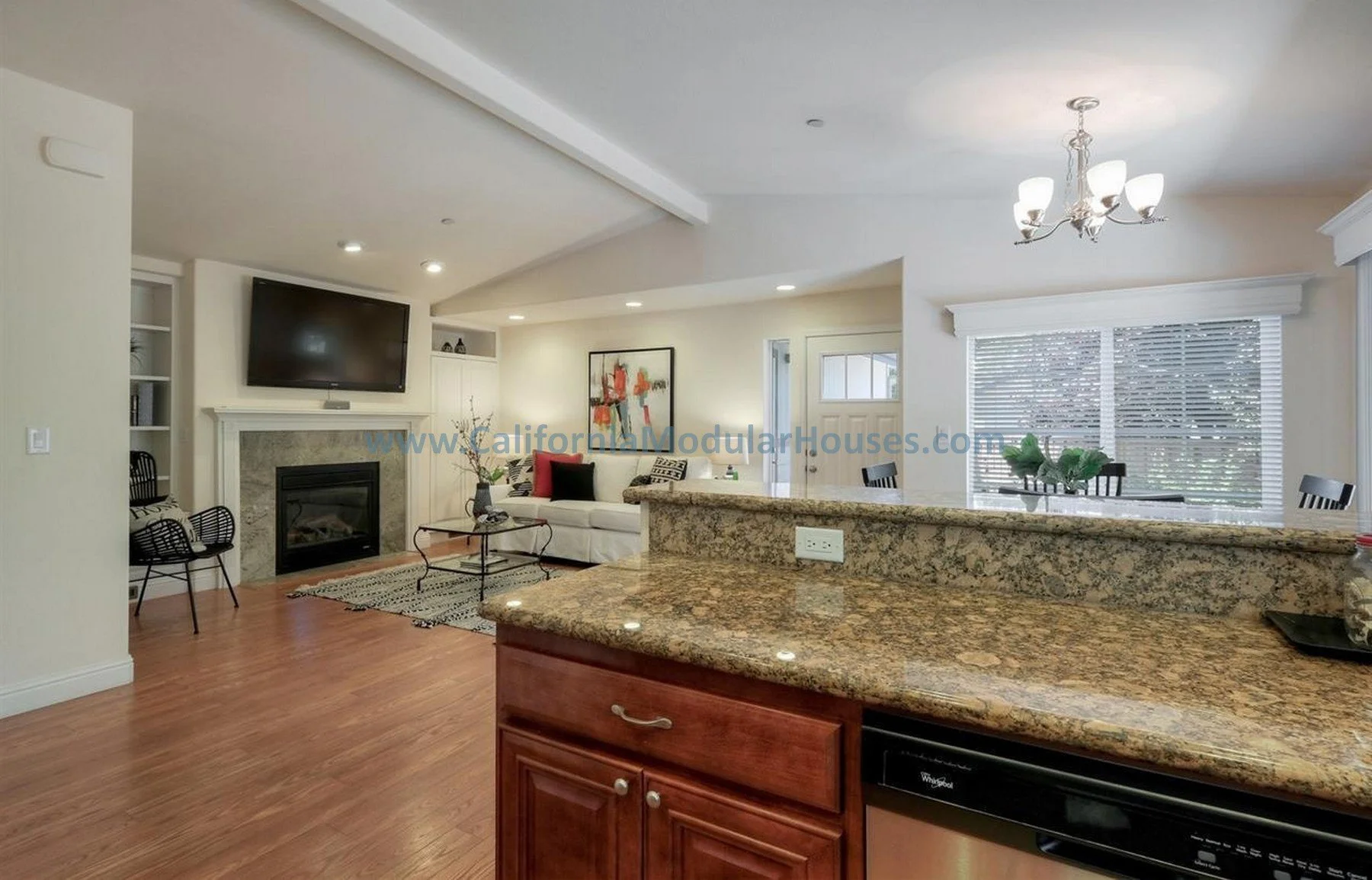 The Teal Modular ADU.  Modular Homes.  Modulars for Martinez, Contra Costa County, CA.  Pre-fabricated homes.  Prefab ADU models.  California prefab ADU. Modular.  Prefab Accessory Dwelling Unit. California.  Kitchen bar area.  