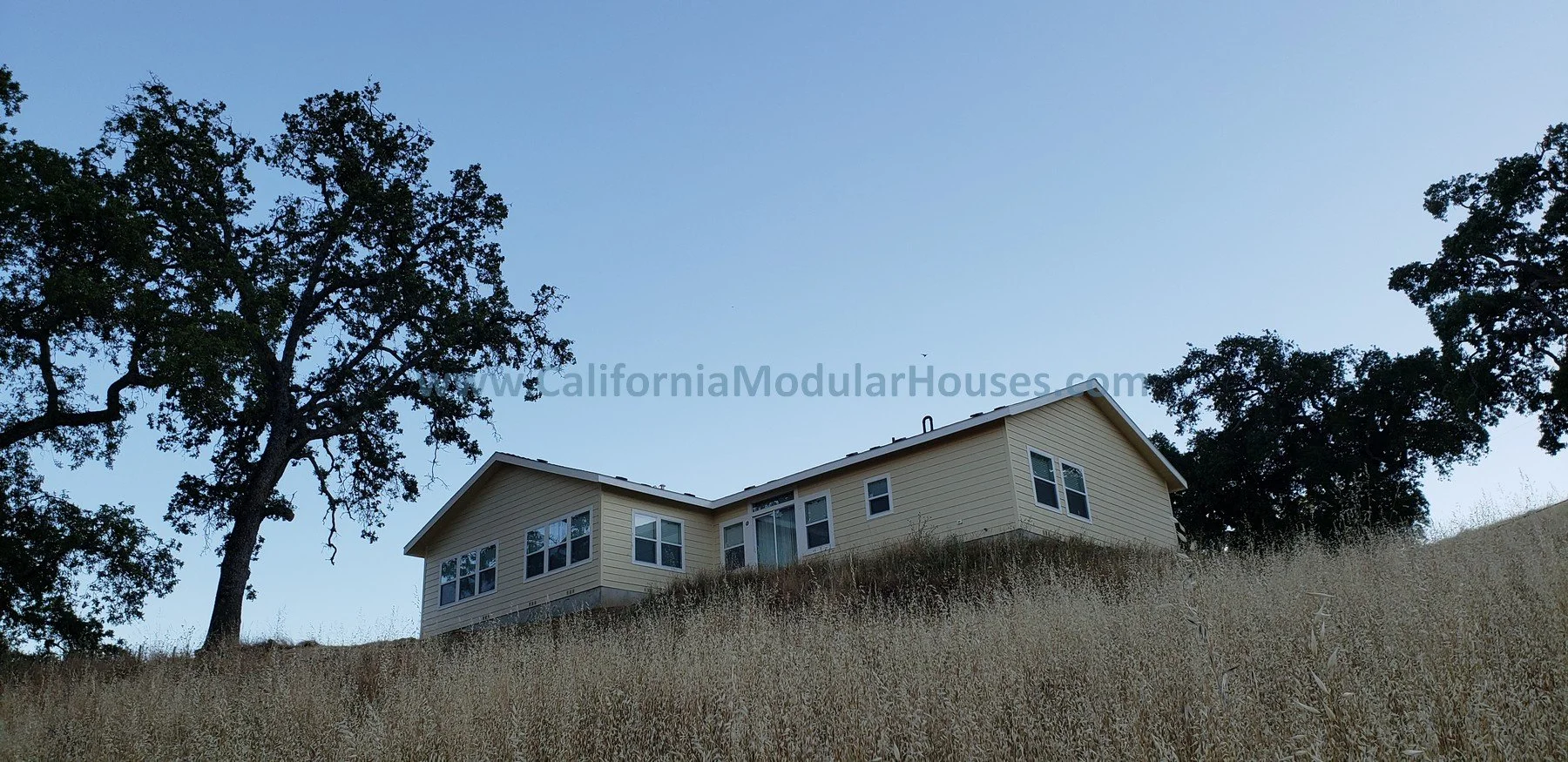 A beige house on a hillside with dry grass and two large trees, under a clear blue sky. Pre-Fabricated Homes, Bay Area Prefab Modular Home.