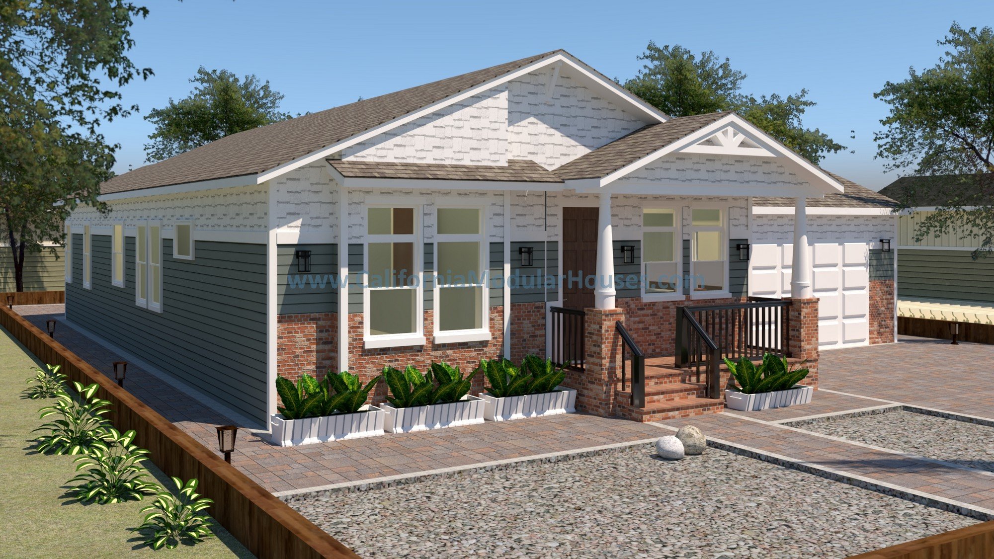 A modern California Bungalow prefab modular house with white siding, gray lower walls, brick accents, a gable roof, front porch with stairs, black railings, and landscaped yard with plants and a stone pathway.