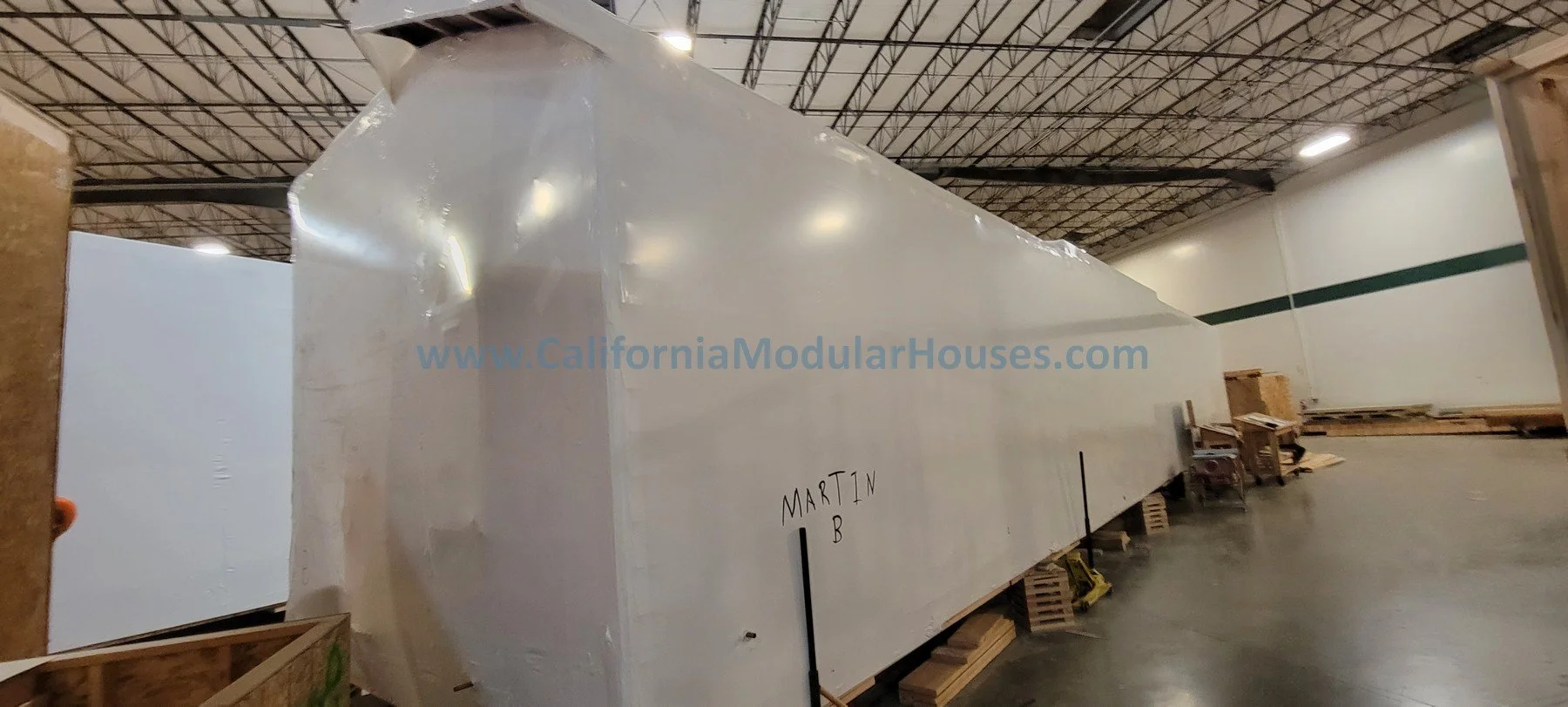 Modular home getting ready for delivery to the job-site in San Juan Bautista, CA.  Prefab modular.  California.  3 bedrooms, 2 bathrooms. 