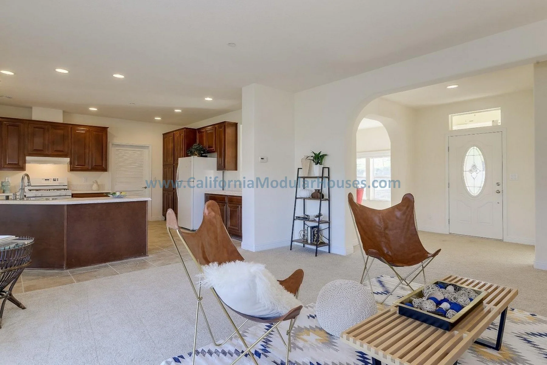 Living room with modern decor, brown leather chairs, a wooden coffee table with decorative balls, an arched doorway, white walls, and a front door with oval window.  California Modular Houses, Bay Area Prefab Modular Home, 
