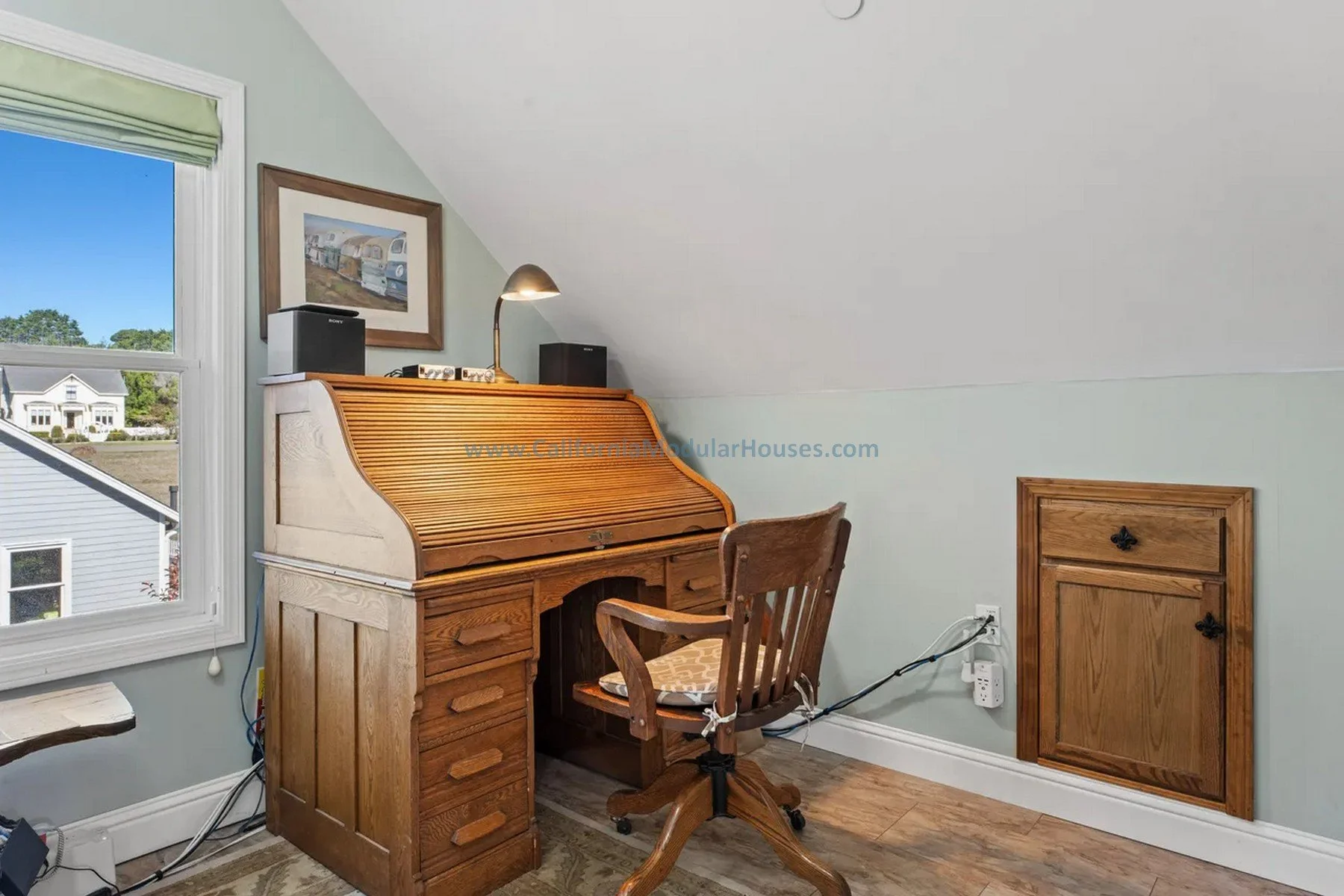 A cozy home office.  Mendocino, CA. Pre-fab modulars. Custom design coastal commission cape cod modular home.  Single Family Residence.  