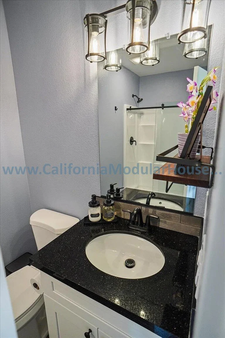 Bathroom with black granite countertop, white sink, black faucet, soap dispensers, large mirror, wall-mounted shelf with purple orchids, lighting fixture with multiple bulbs, partial view of the shower with a soap dish and showerhead.