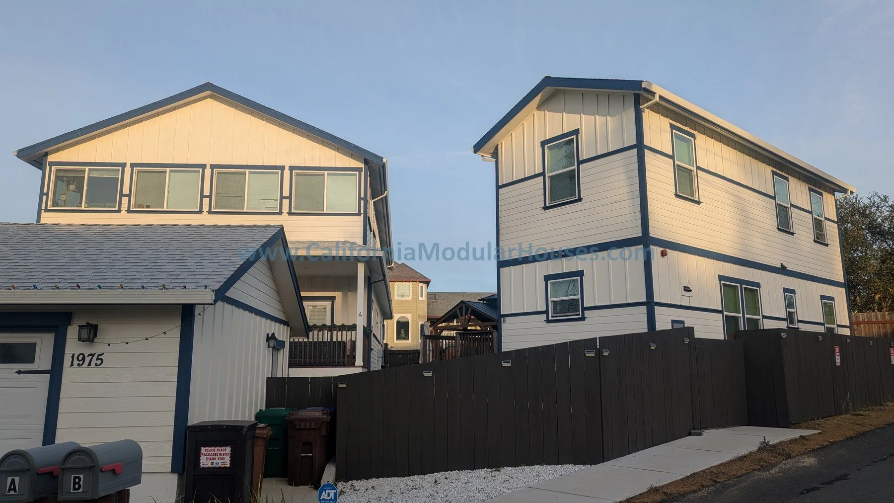 Two brand new modular homes with a view of the San Francisco Bay from Contra Costa Conty, CA.  Prefab modulars.  ADU
