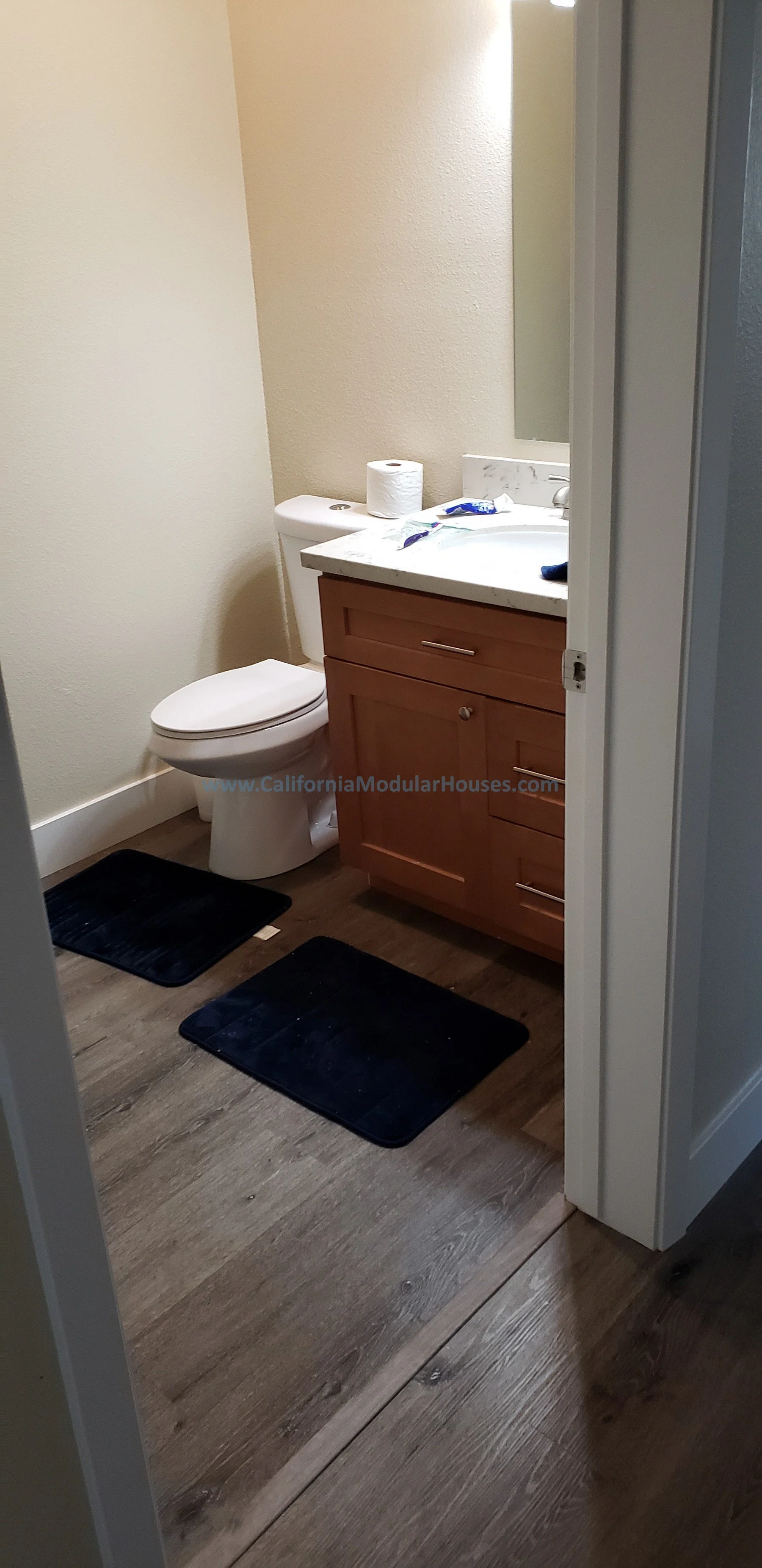A bathroom with a toilet, a wooden vanity with a marble countertop, and two black bath mats on wooden flooring.  Interior picture of Accessory Dwelling Unit Kenwood, Sonoma County, CA