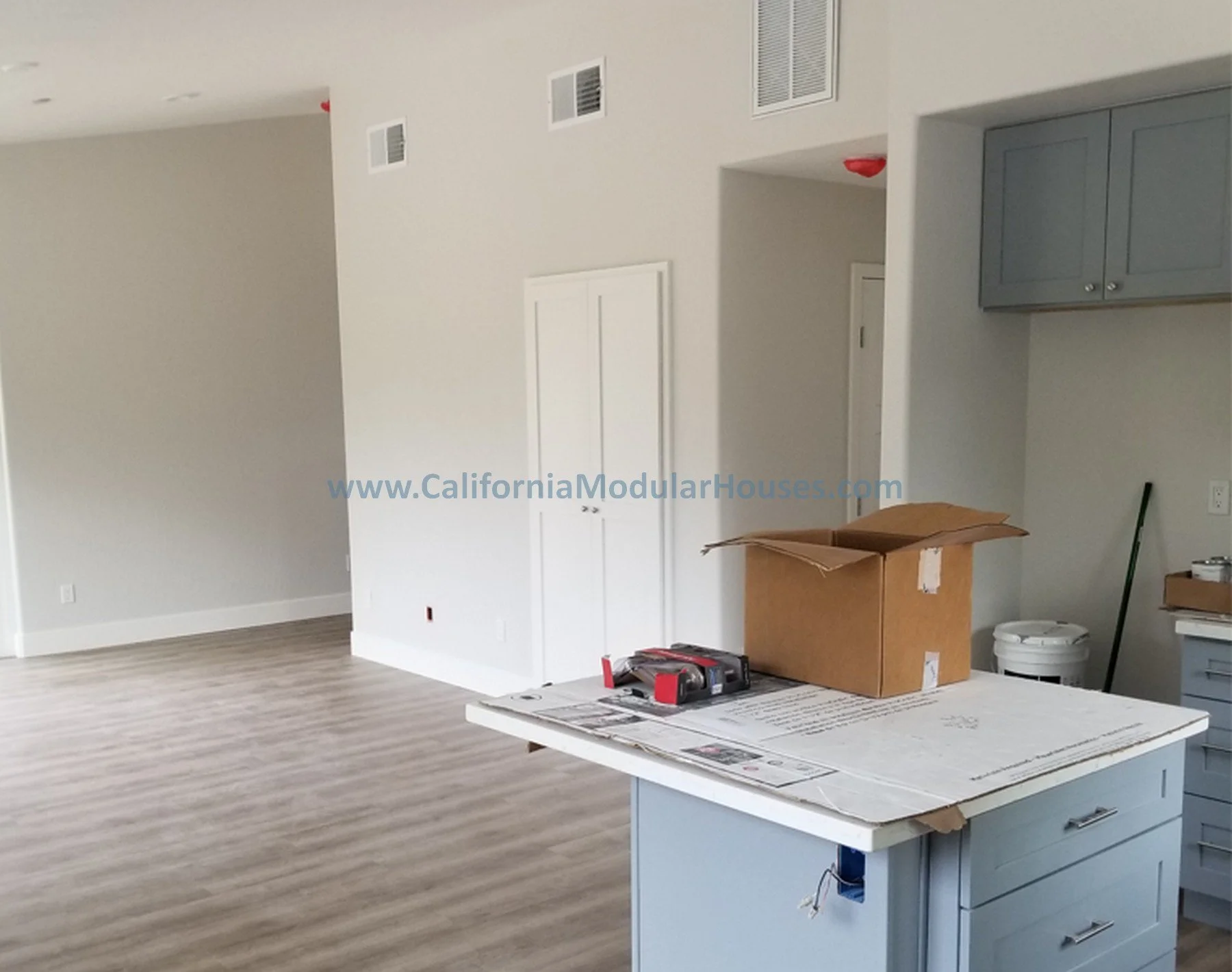 Interior of a modern, empty room with light gray walls, wood laminate flooring, and white baseboards. There is a kitchen island, quarts counters Gray upper cabinets are visible, along with a door in the background.  Modular ADU