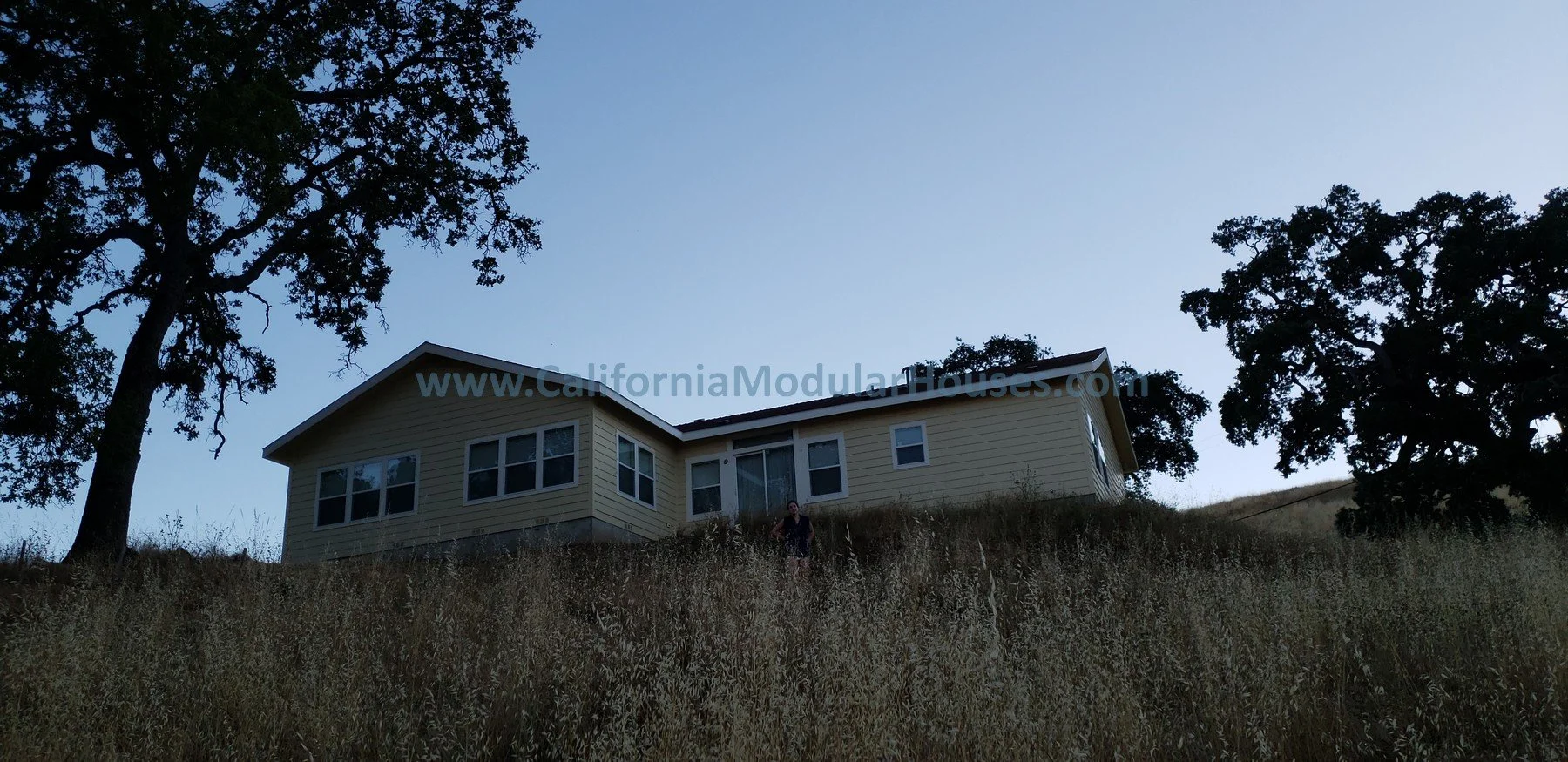 A yellow house with white windows on a hillside, surrounded by tall dry grass and a few large trees against a clear sky. Santa Clara County Modular, Modular Homes,