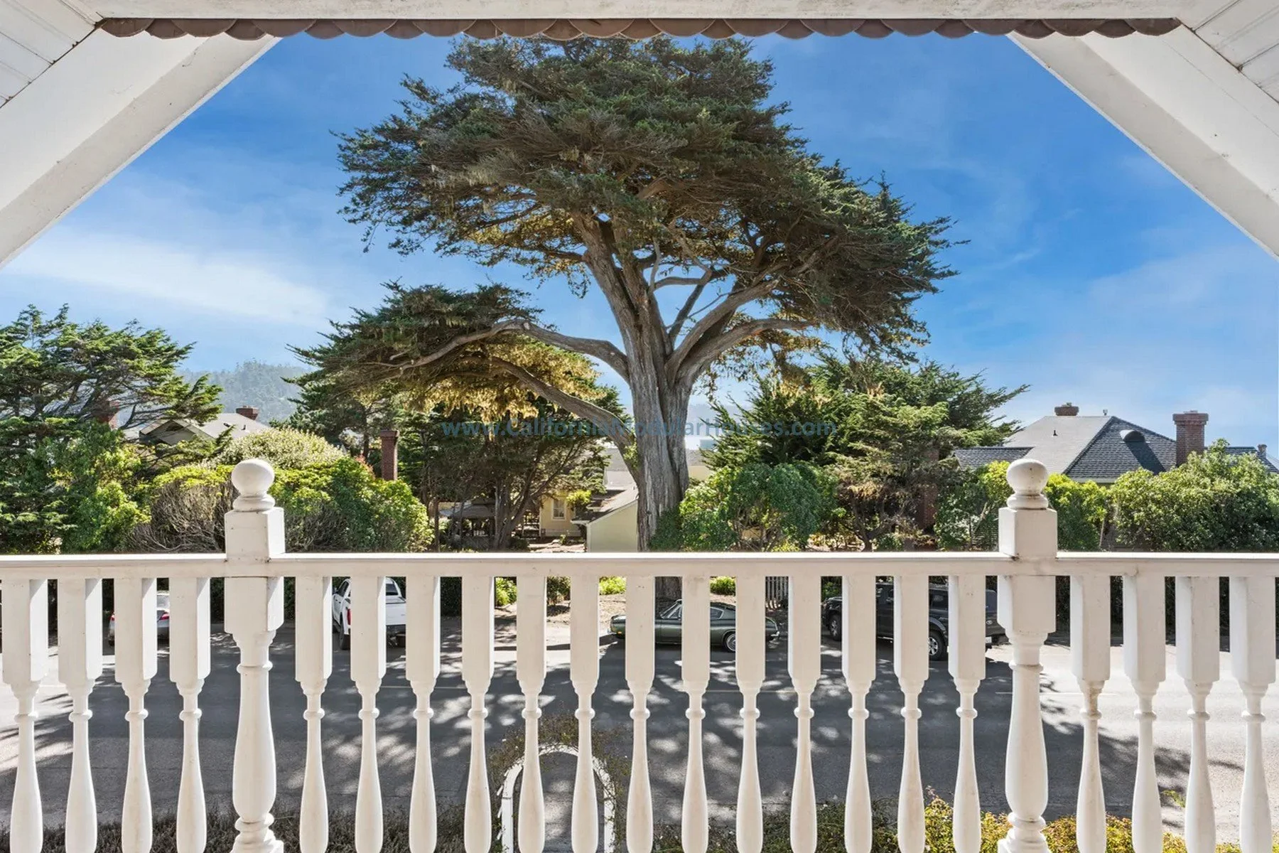 View from a porch of this modular home with a white railing, large tree in the front yard, neighboring houses, and a clear blue sky. Prefab homes for Mendocino California.  CA Modular.  